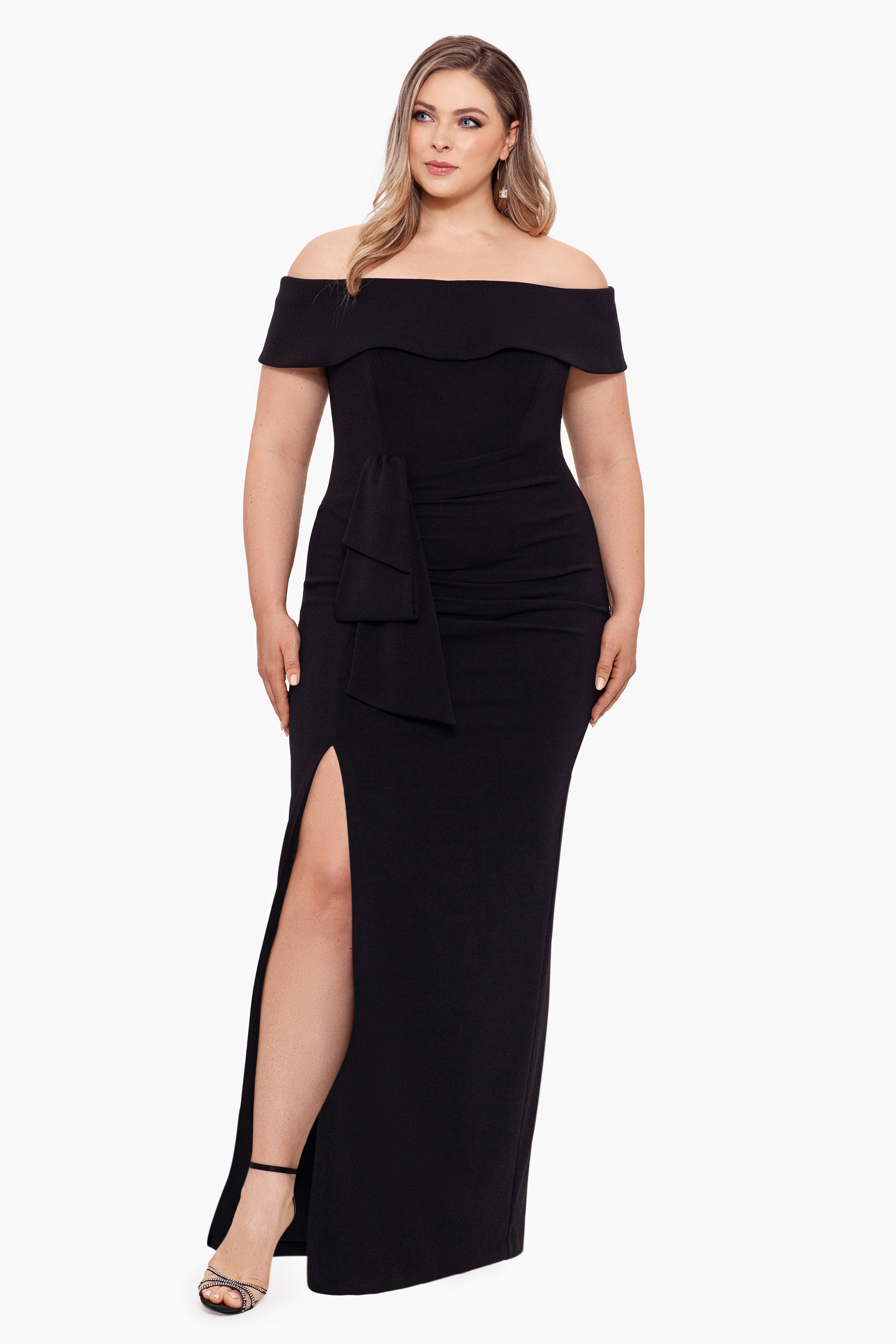 Plus "Camila" Long Off the Shoulder Slit Gown