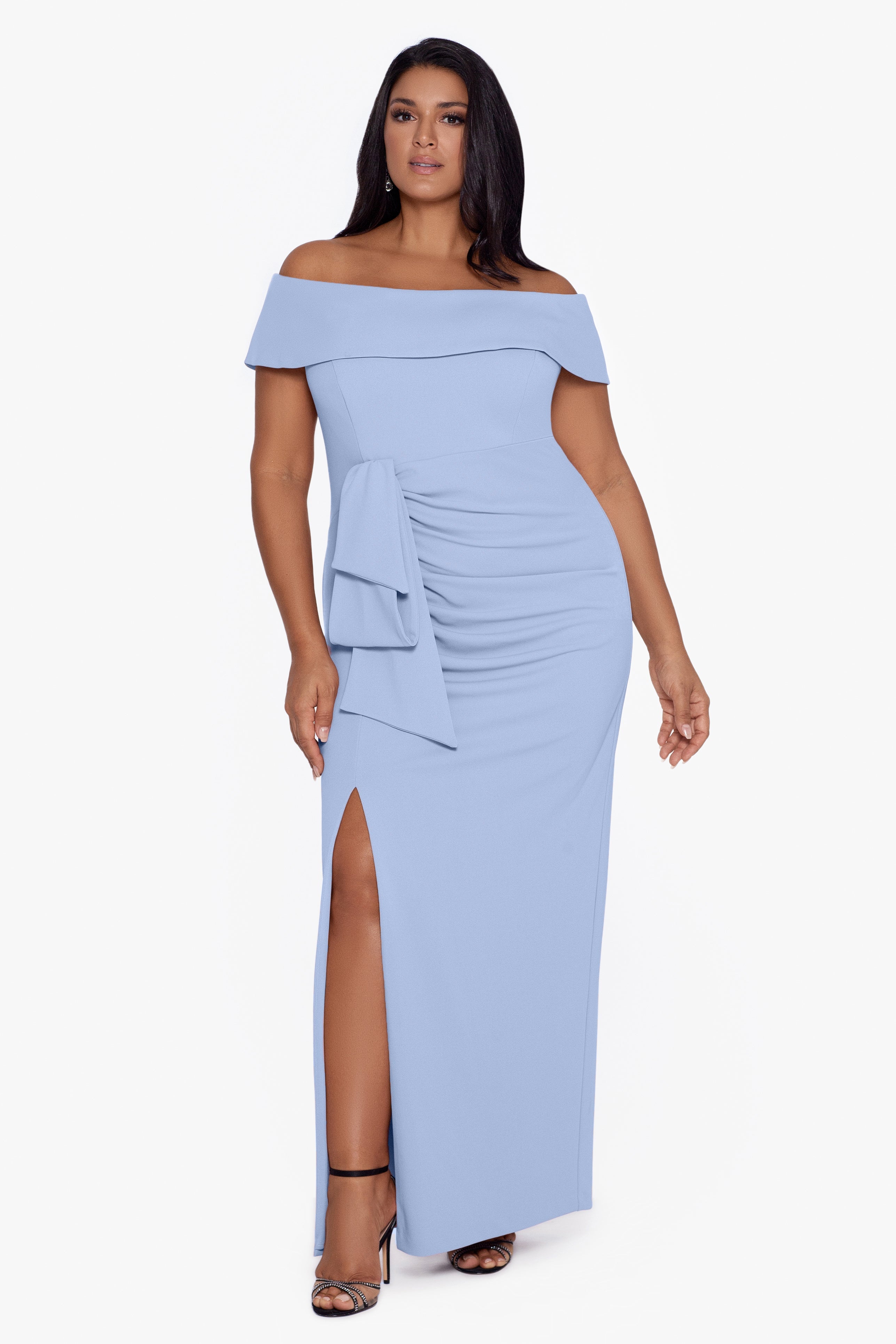 Plus "Camila" Long Off the Shoulder Slit Gown