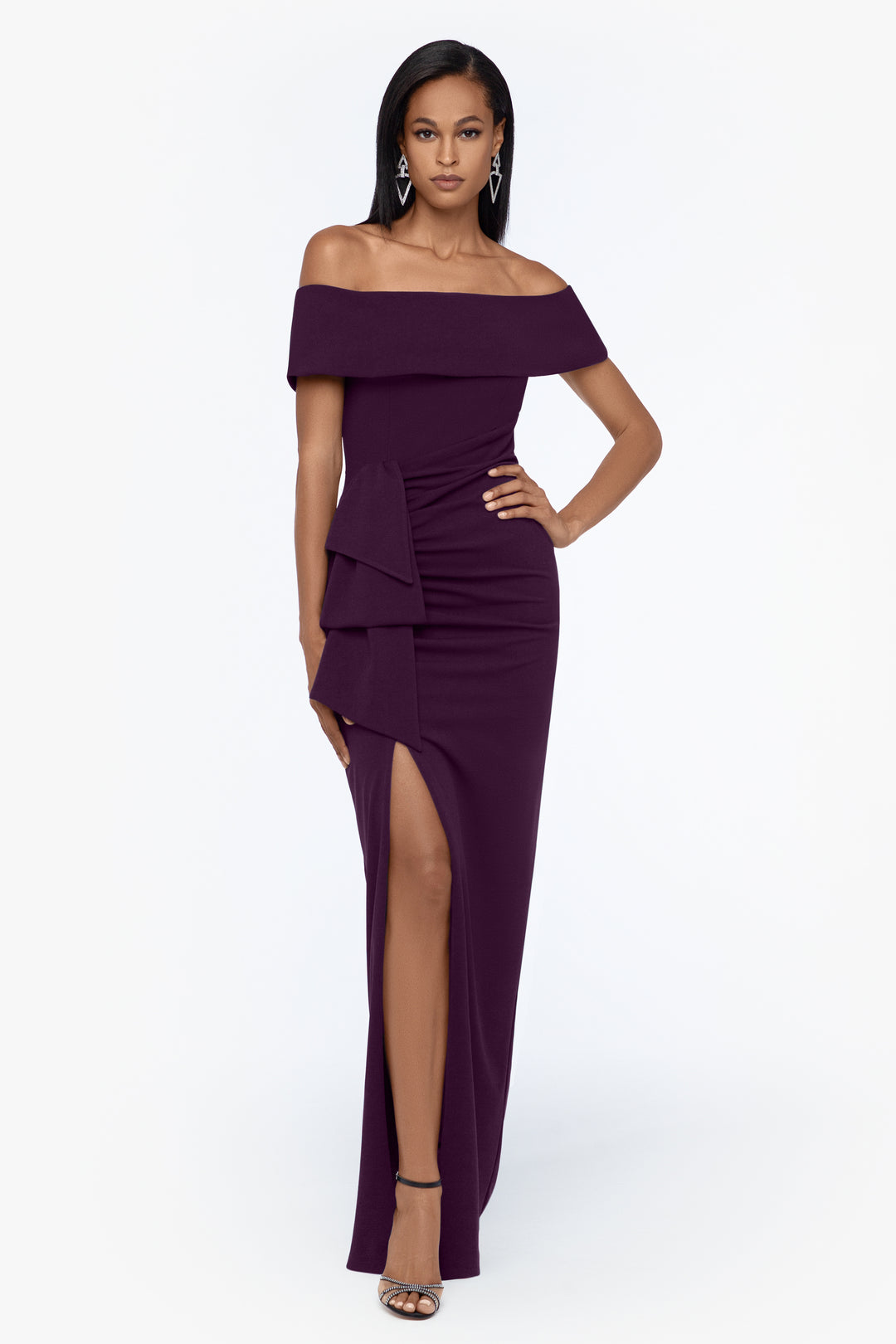 Xscape Petite Size Off-the-Shoulder Sleeveless Ruched Side Long Scuba Dress