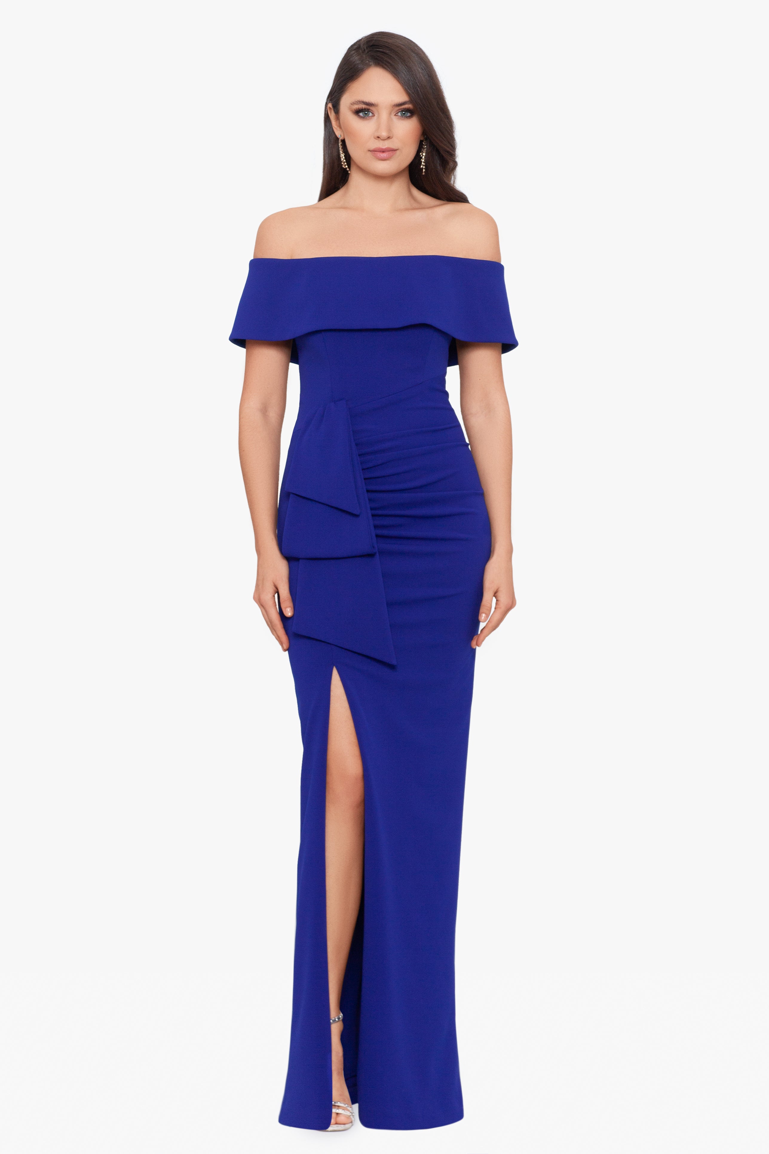 Petite "Camila" Long Off the Shoulder Scuba Crepe Dress