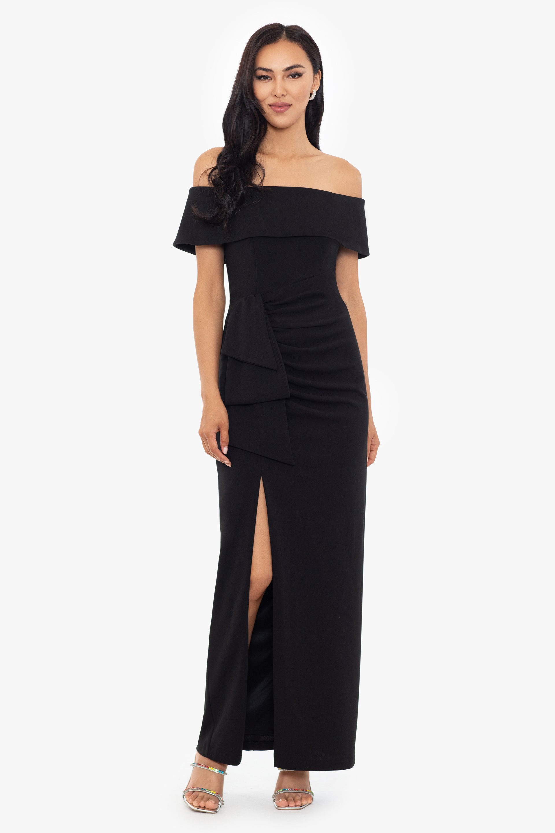 "Camila" Off Shoulder Scuba Crepe Dress