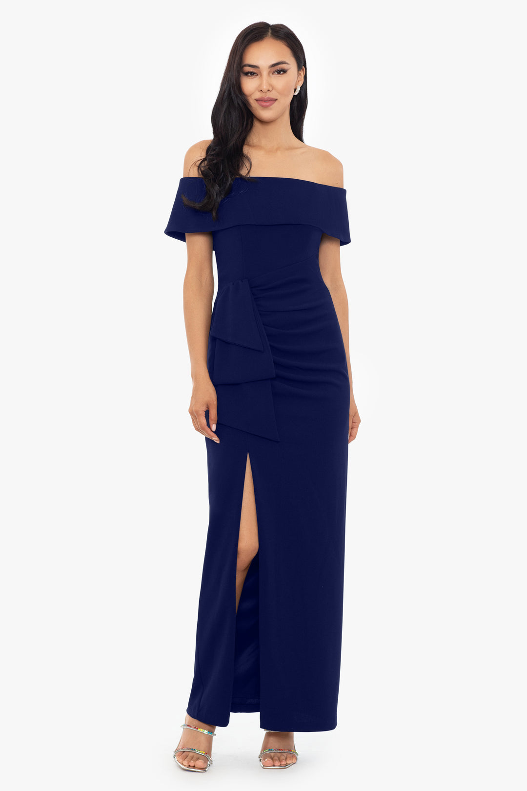 Camila" Long Off the Shoulder Scuba Crepe Dress – Xscape Evenings