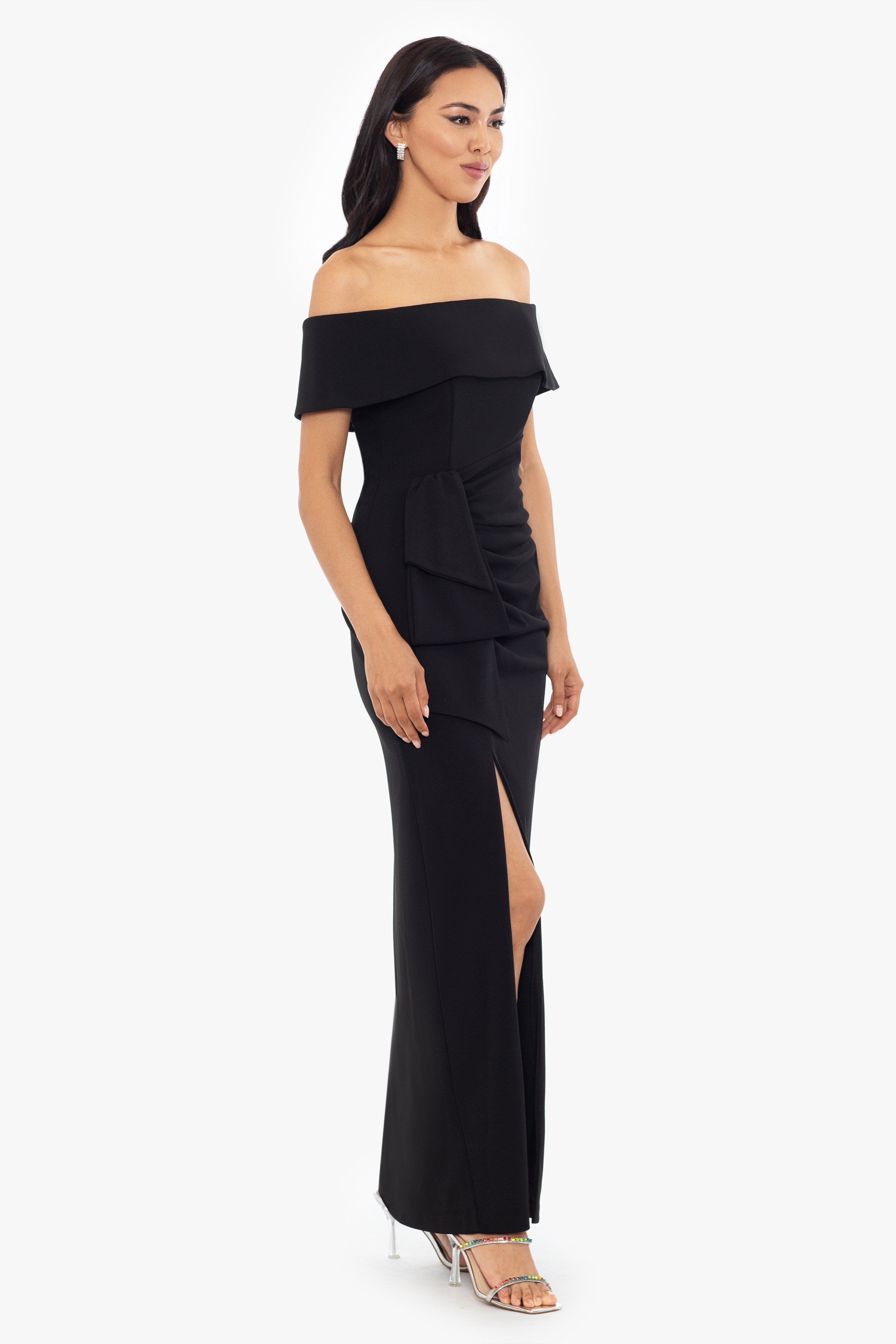 Petite "Camila" Long Off the Shoulder Scuba Crepe Dress