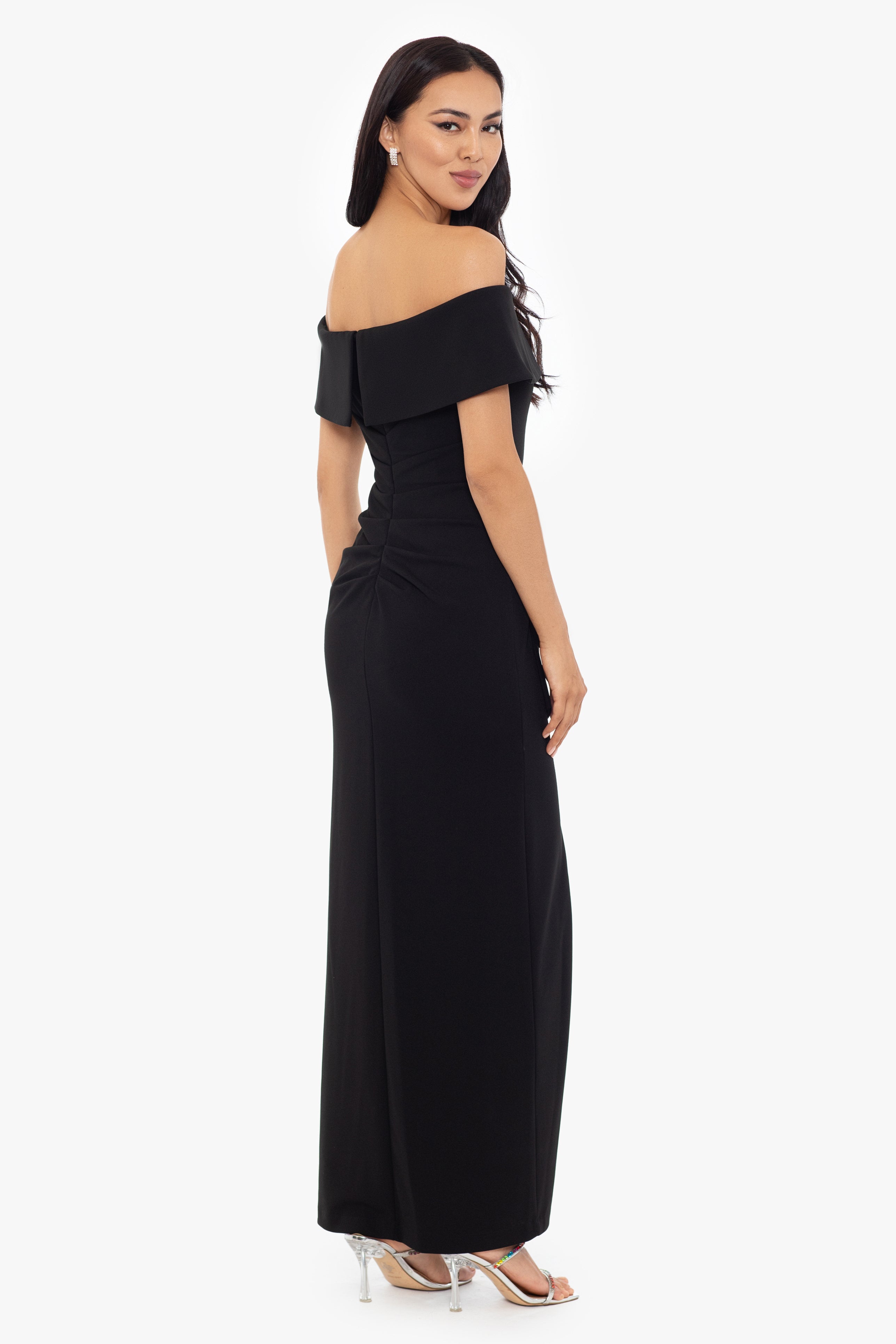 Petite "Camila" Long Off the Shoulder Scuba Crepe Dress