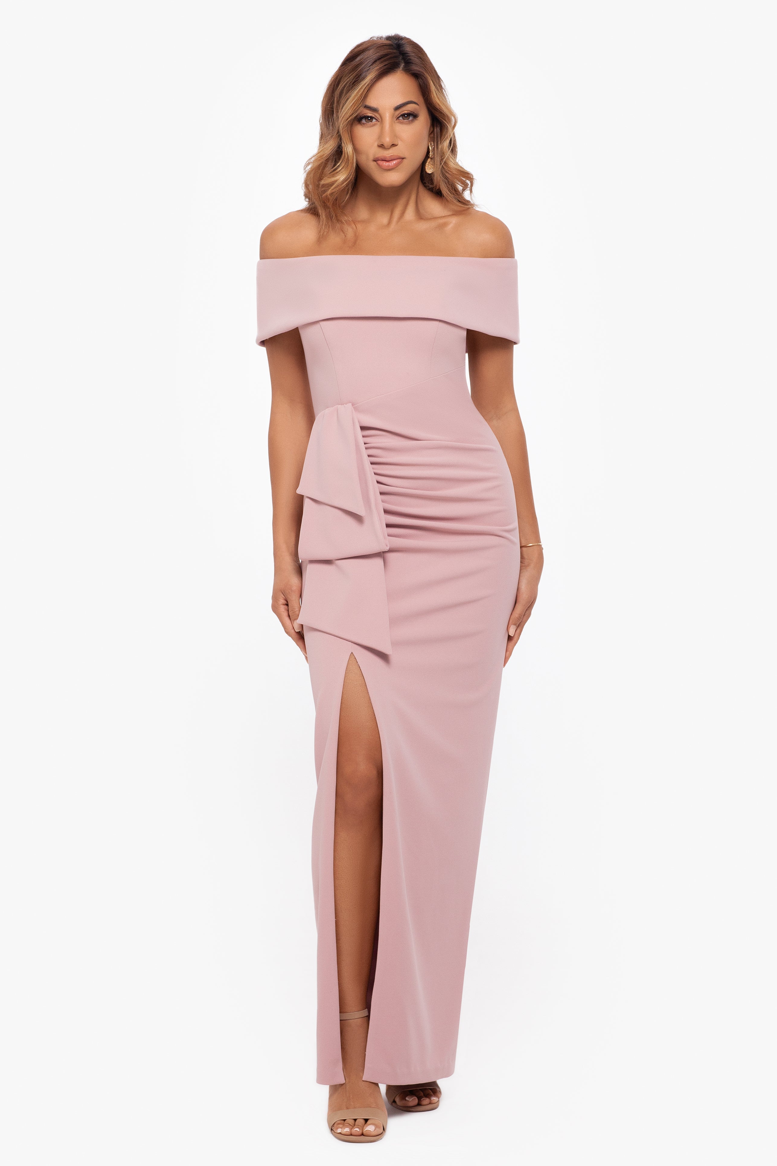 "Camila" Long Off the Shoulder Scuba Crepe Dress