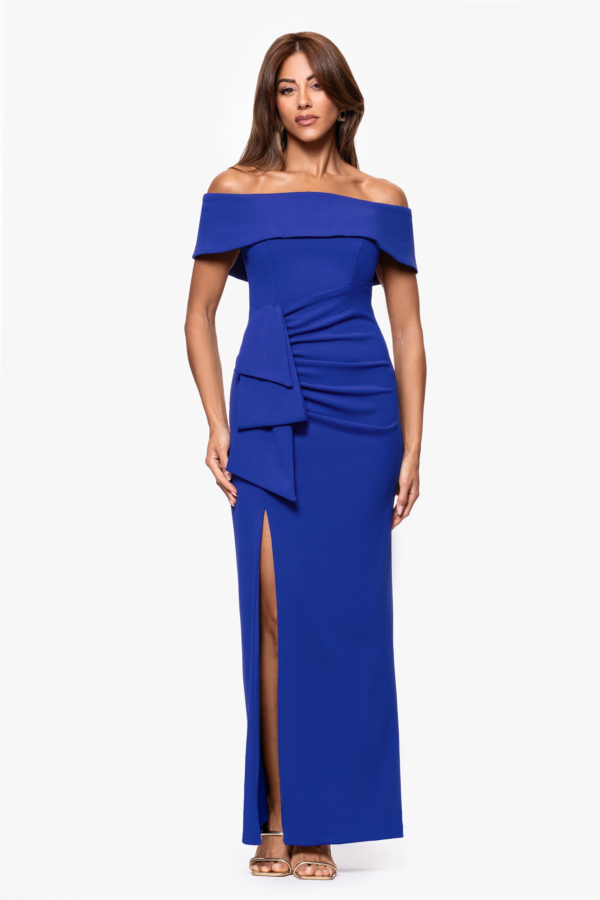 "Camila" Long Off Shoulder Scuba Crepe Dress