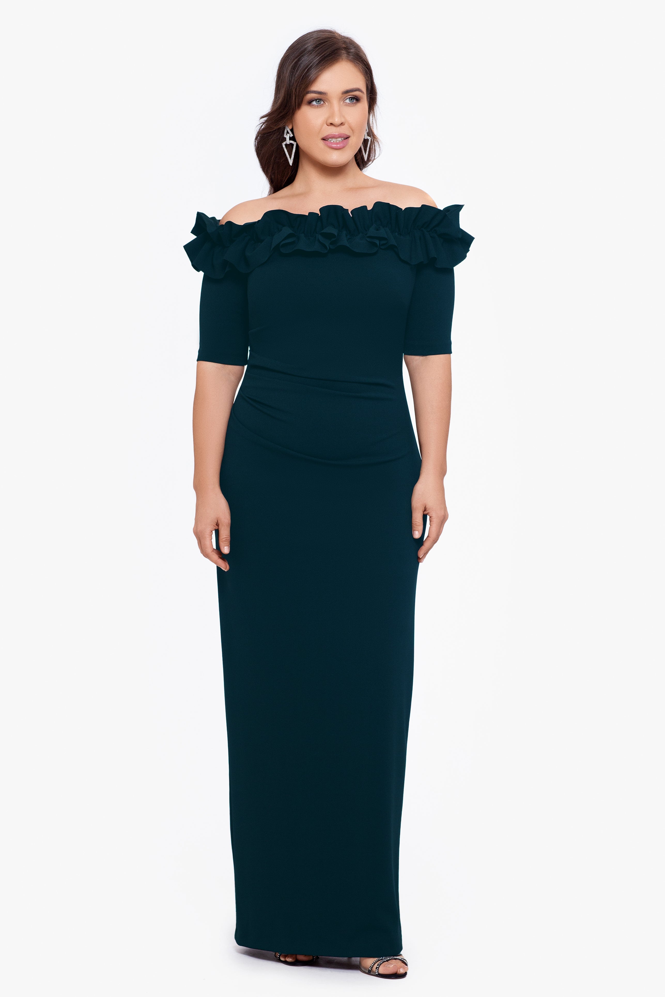 Plus "Isla" Long Crepe Off the Shoulder Ruffle Dress