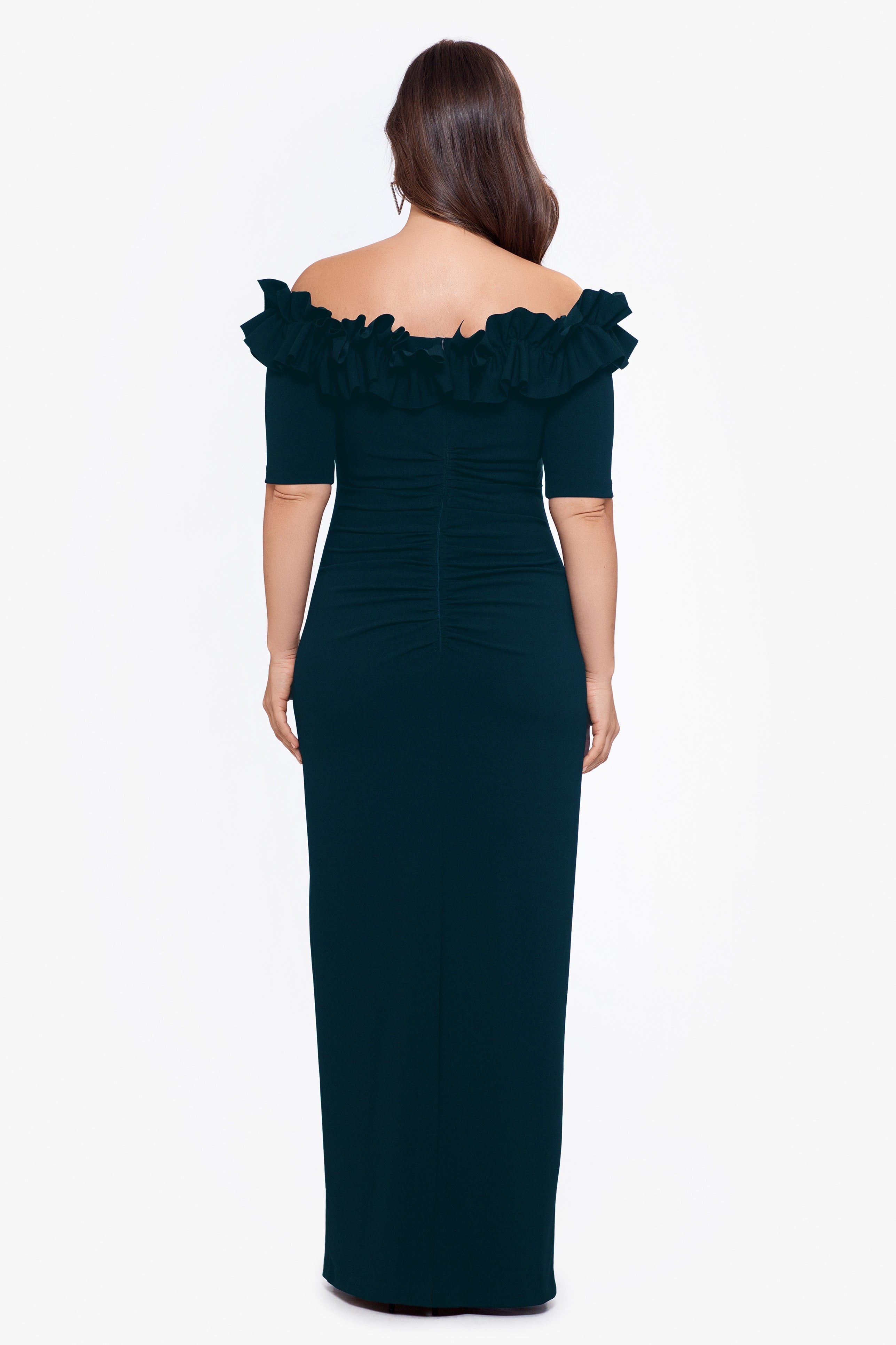 Plus "Isla" Long Crepe Off the Shoulder Ruffle Dress