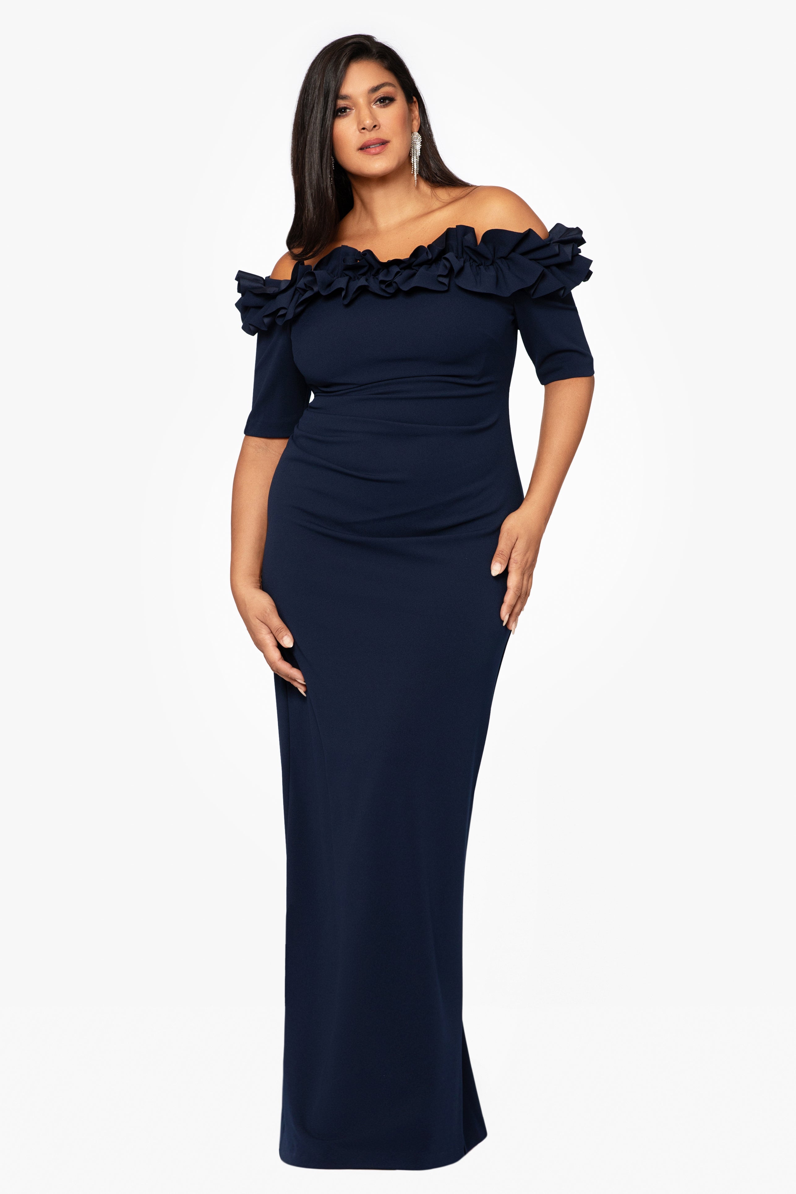 Plus "Isla" Long Crepe Off the Shoulder Ruffle Dress