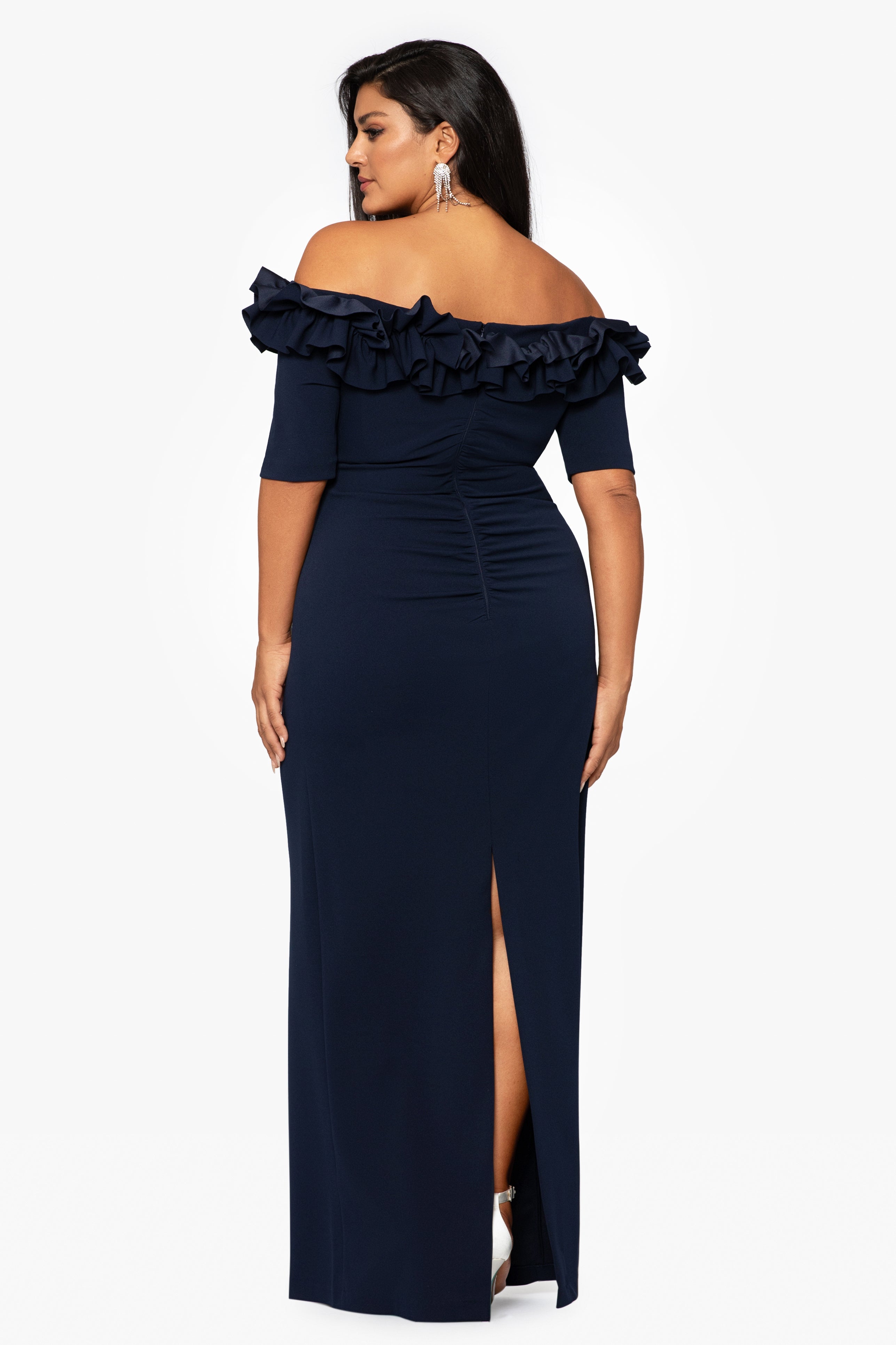 Plus "Isla" Long Crepe Off the Shoulder Ruffle Dress