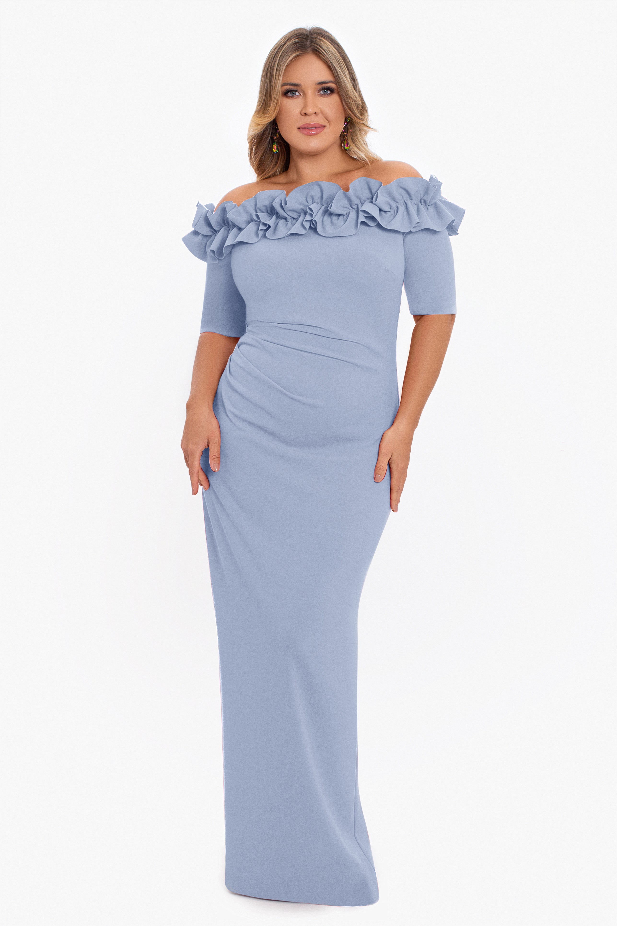 Plus "Isla" Long Crepe Off the Shoulder Ruffle Dress