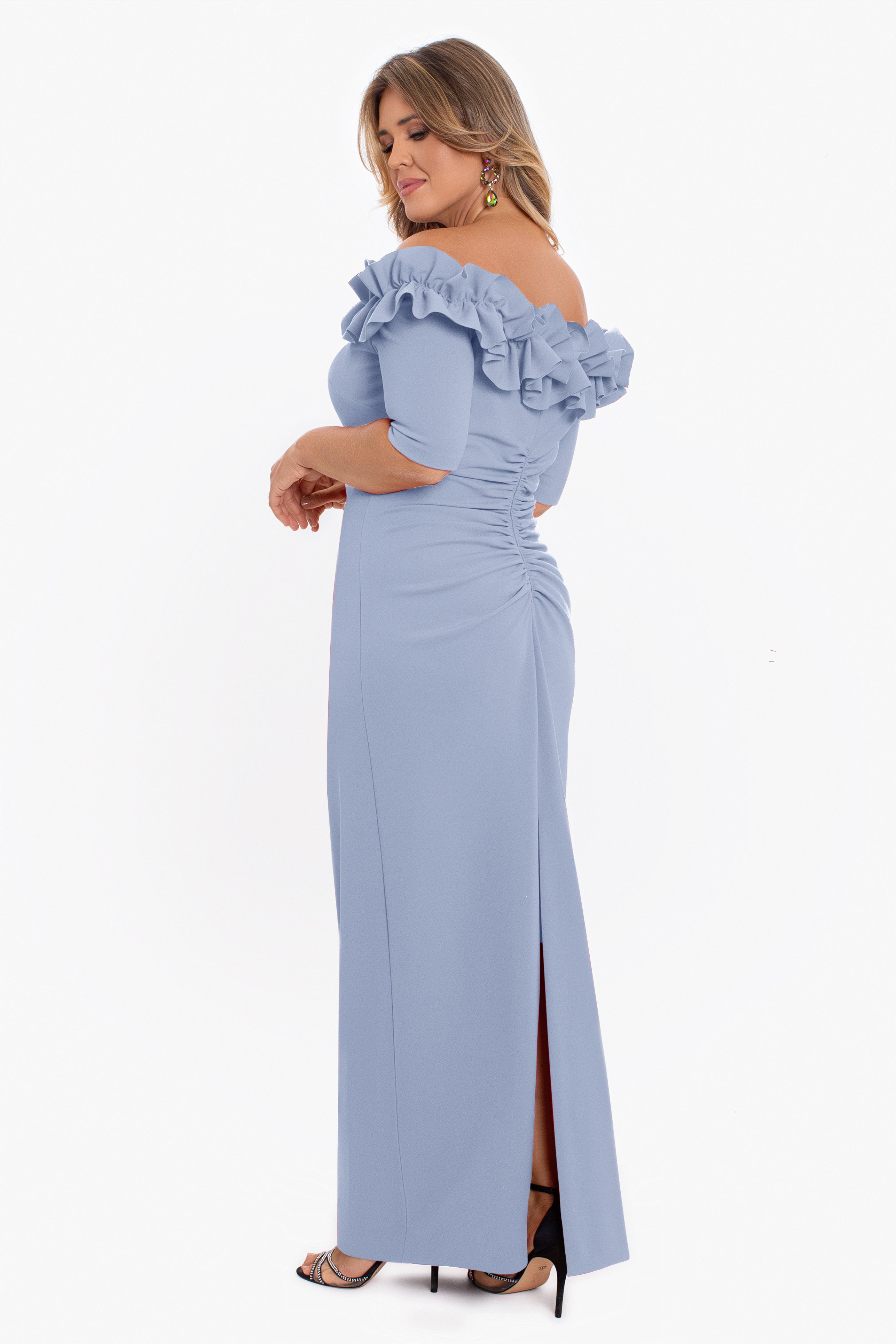 Plus "Isla" Long Crepe Off the Shoulder Ruffle Dress