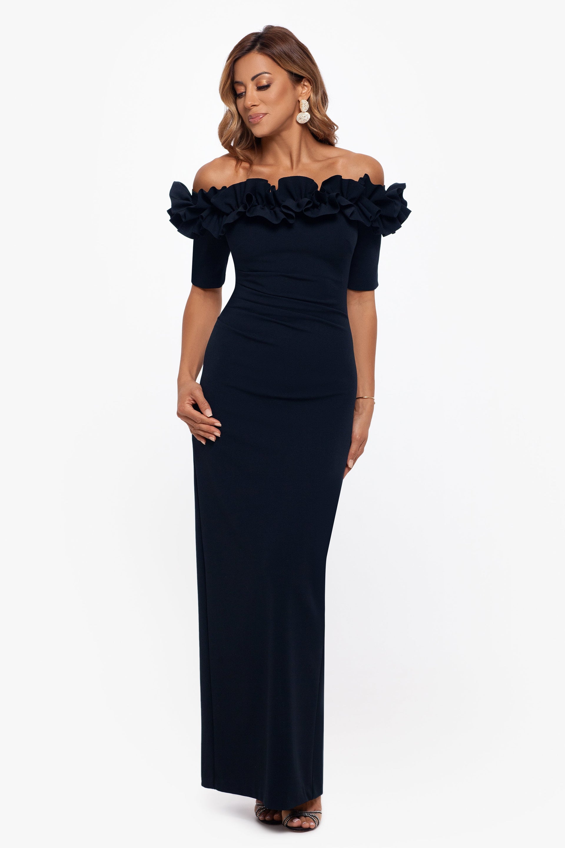 Petite "Isla" Scuba Crepe Off Shoulder Ruffle Dress