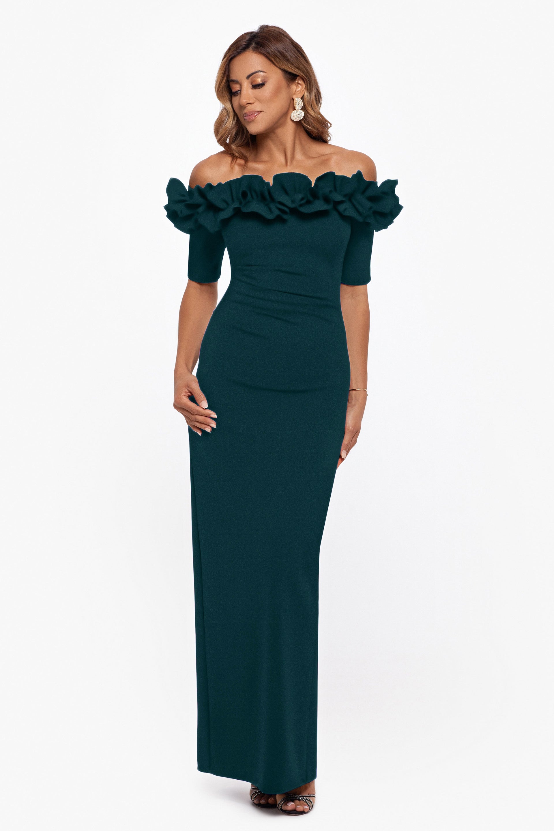 Petite "Isla" Long Scuba Crepe Off Shoulder Ruffle Top Dress