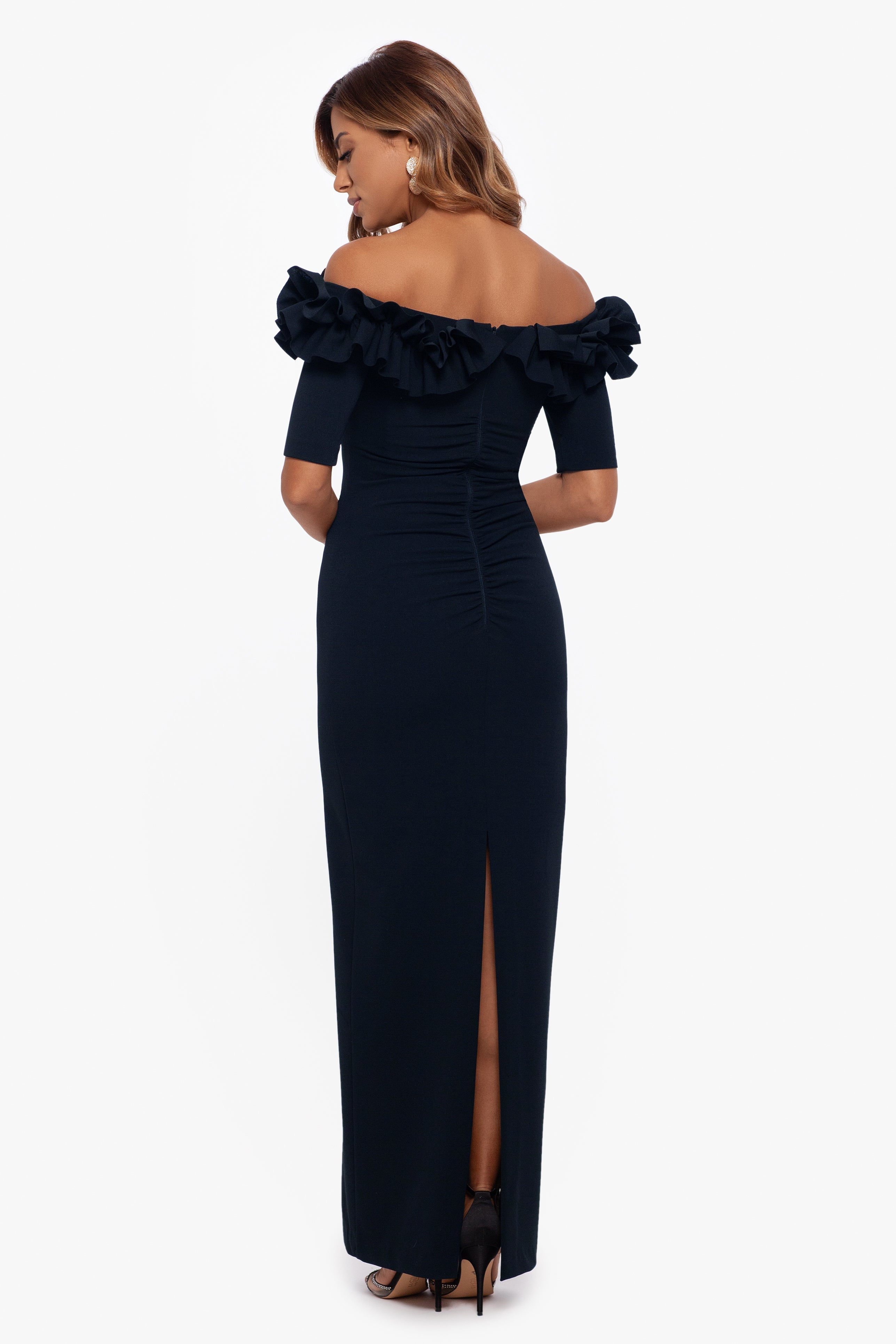 "Isla" Long Crepe Off the Shoulder Ruffle Dress