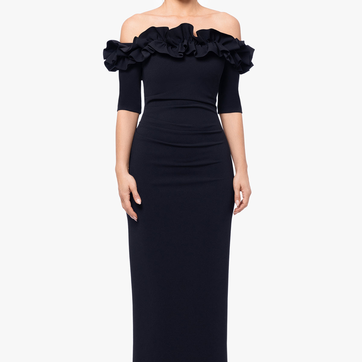 Petite Isla Long Scuba Crepe Off The Shoulder Ruffle Top Dress