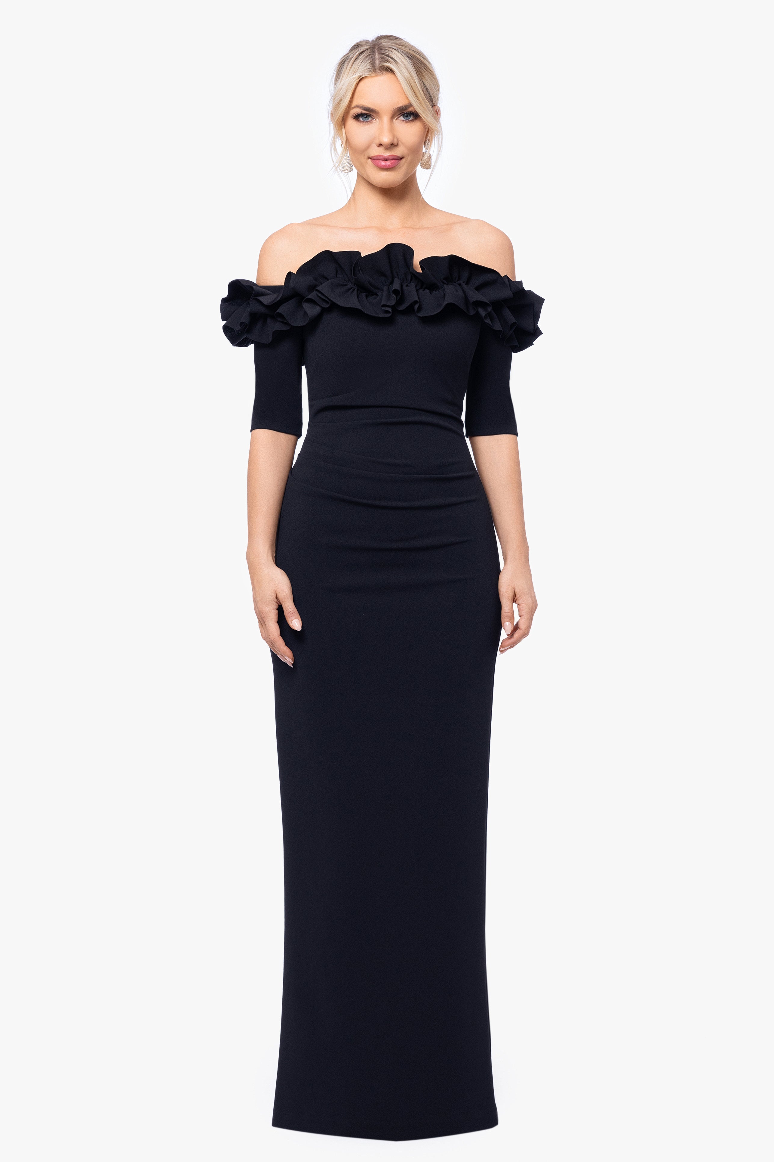 "Isla" Long Crepe Off the Shoulder Ruffle Dress