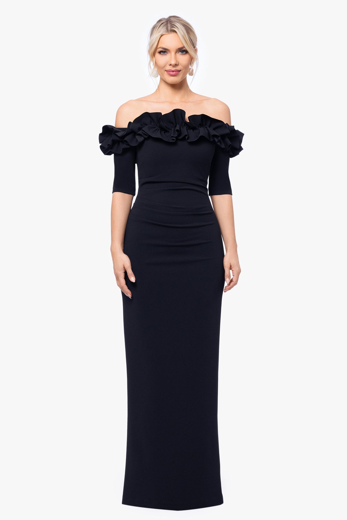 "Isla" Scuba Crepe Off Shoulder Ruffle Dress