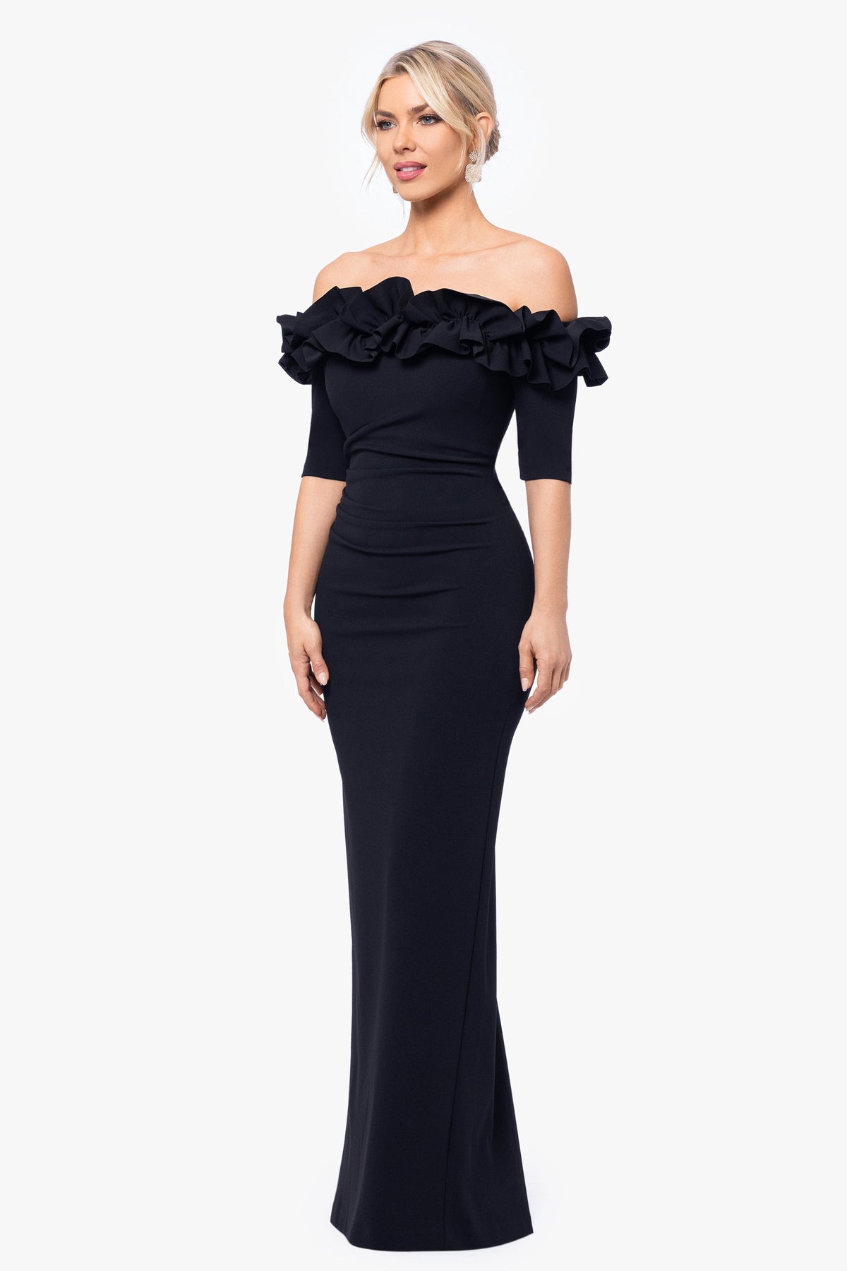 "Isla" Scuba Crepe Off The Shoulder Ruffle Dress