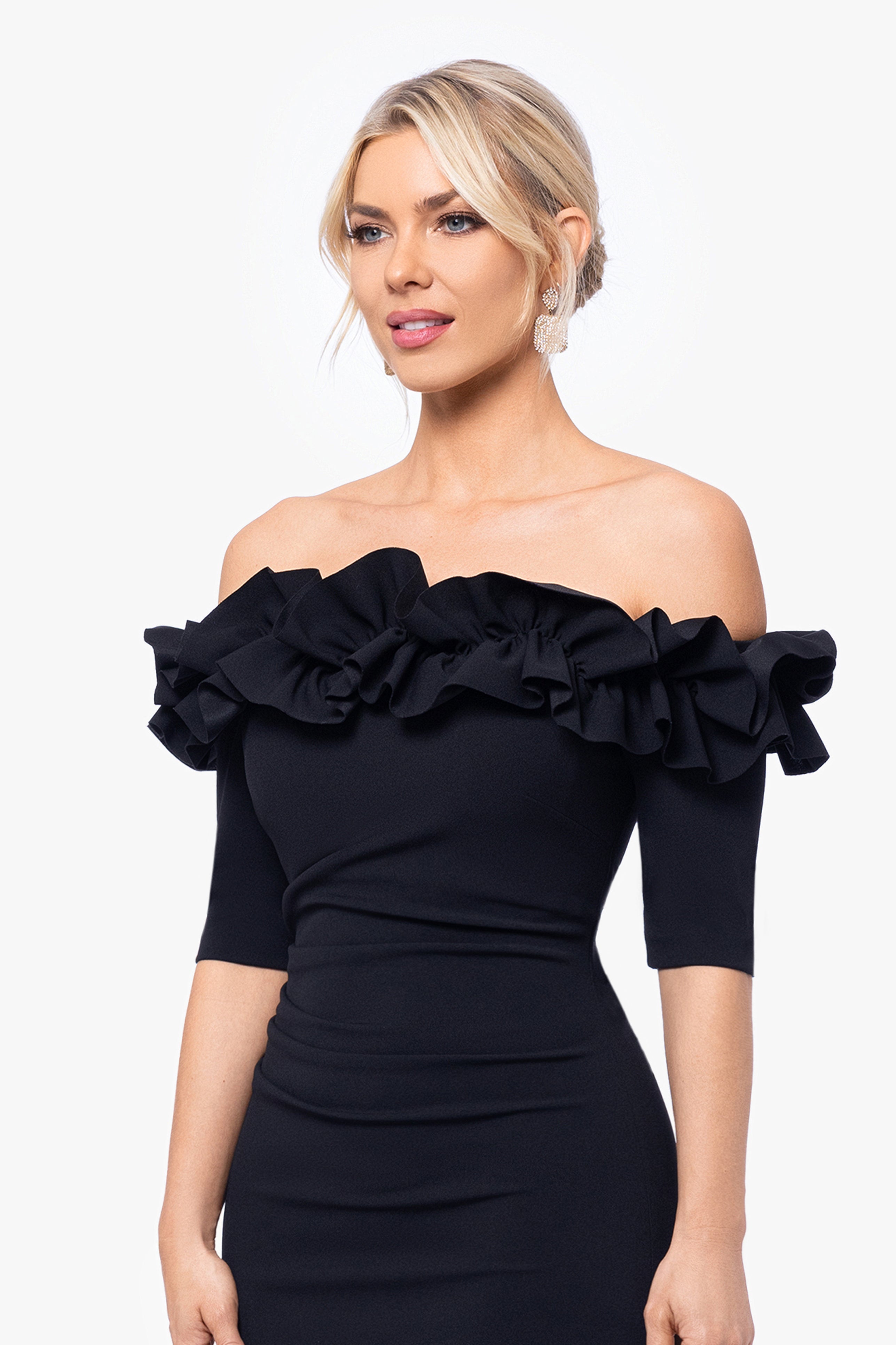 "Isla" Long Crepe Off the Shoulder Ruffle Dress