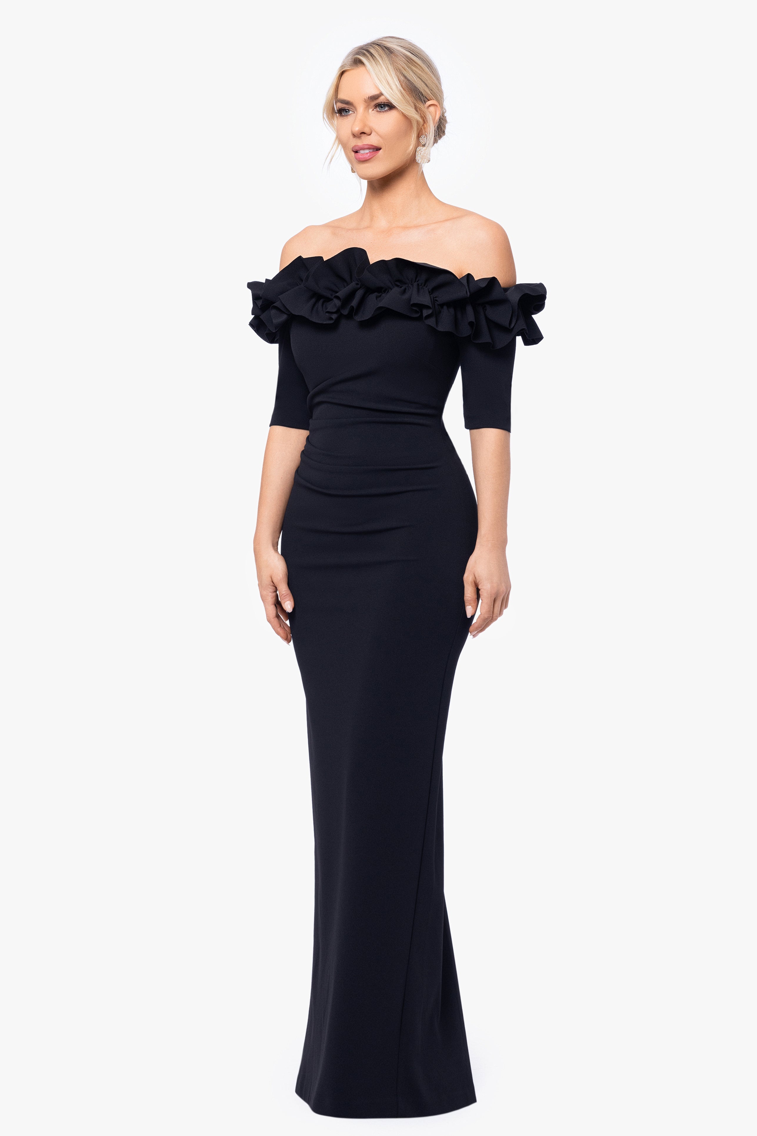 "Isla" Long Crepe Off the Shoulder Ruffle Dress