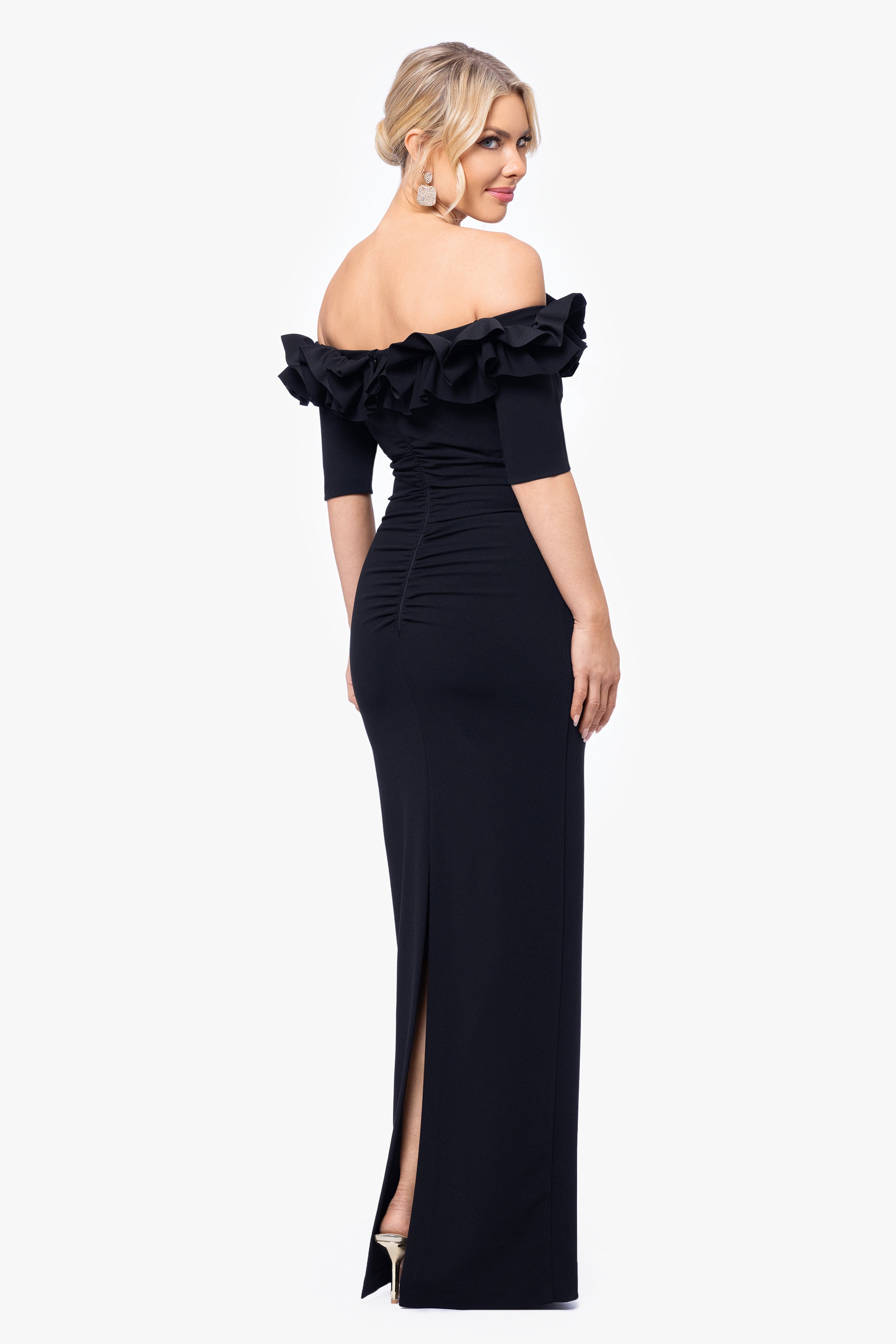 "Isla" Long Crepe Off the Shoulder Ruffle Dress