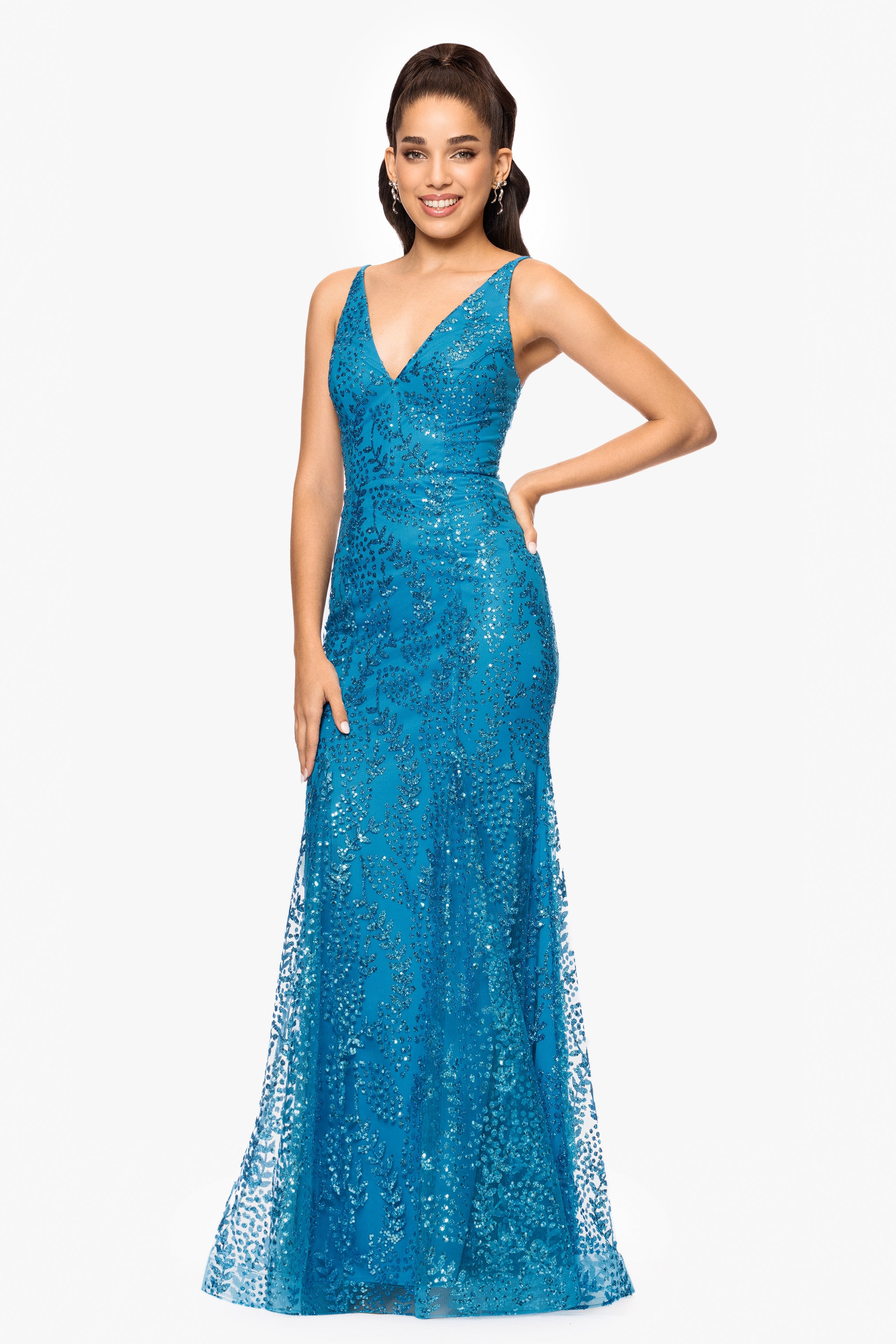 "Jocelyn" Long Glitter Mesh V-Neck Dress