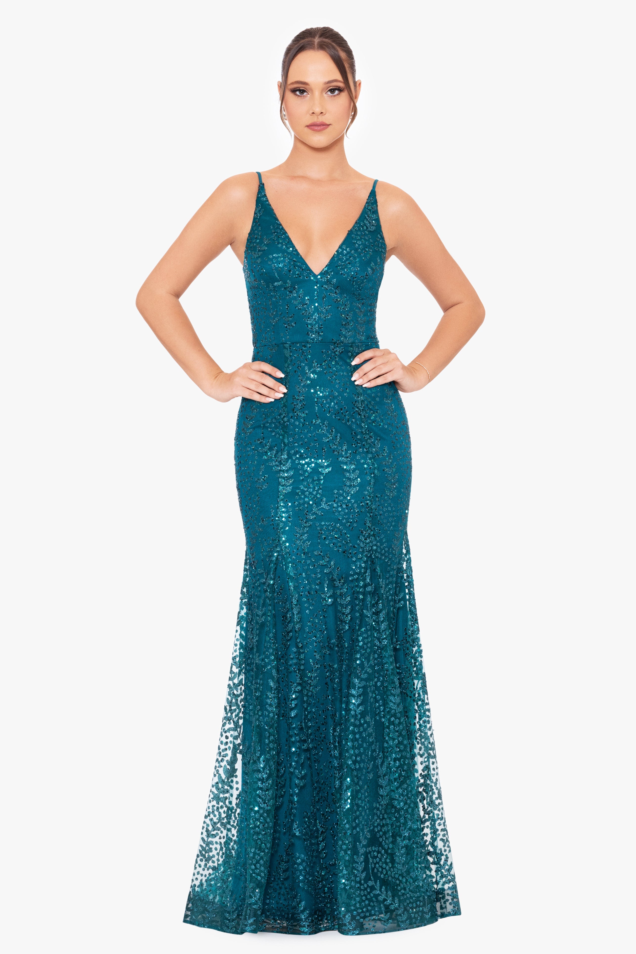 "Jocelyn" Long Glitter Mesh V-Neck Dress