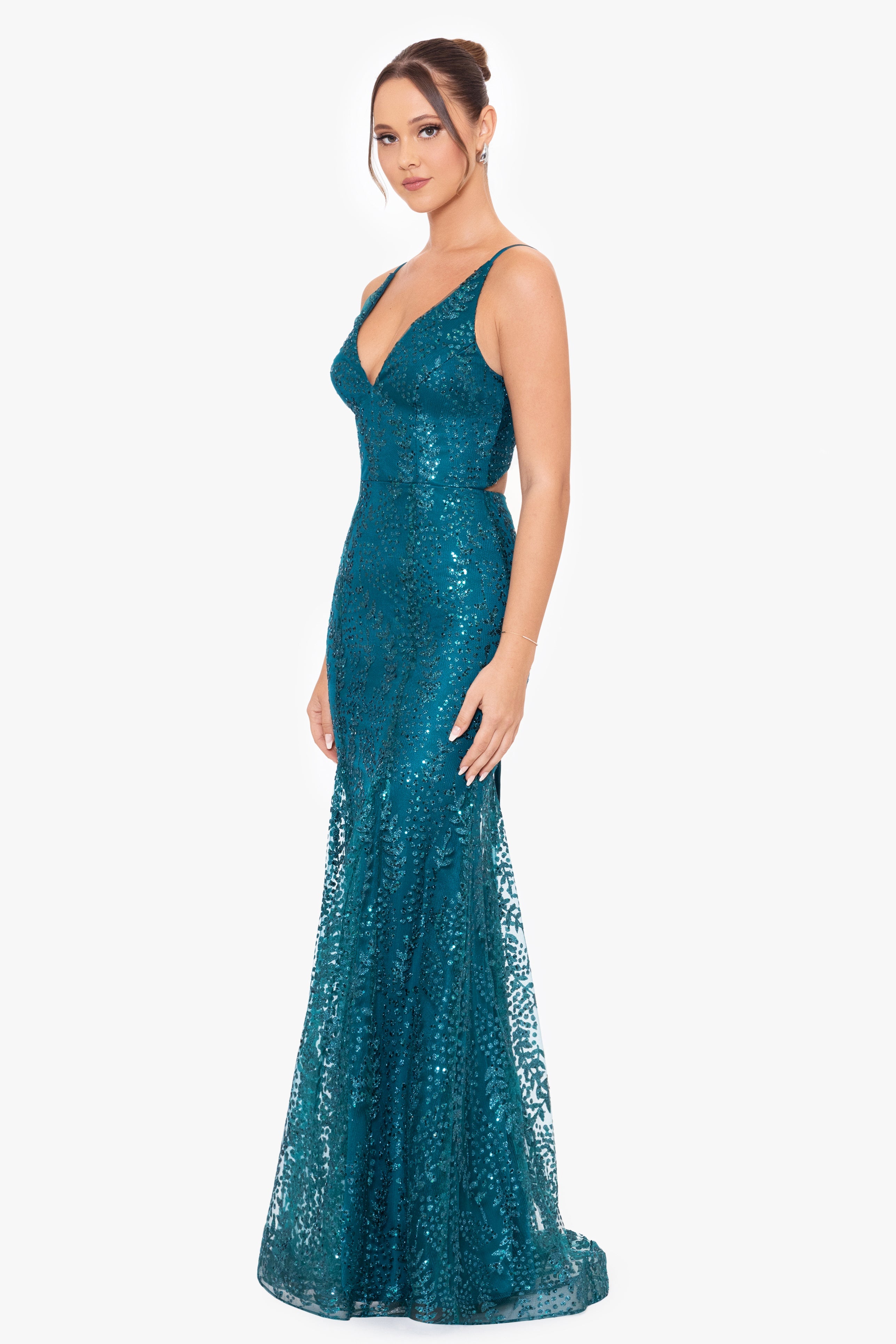 "Jocelyn" Long Glitter Mesh V-Neck Dress