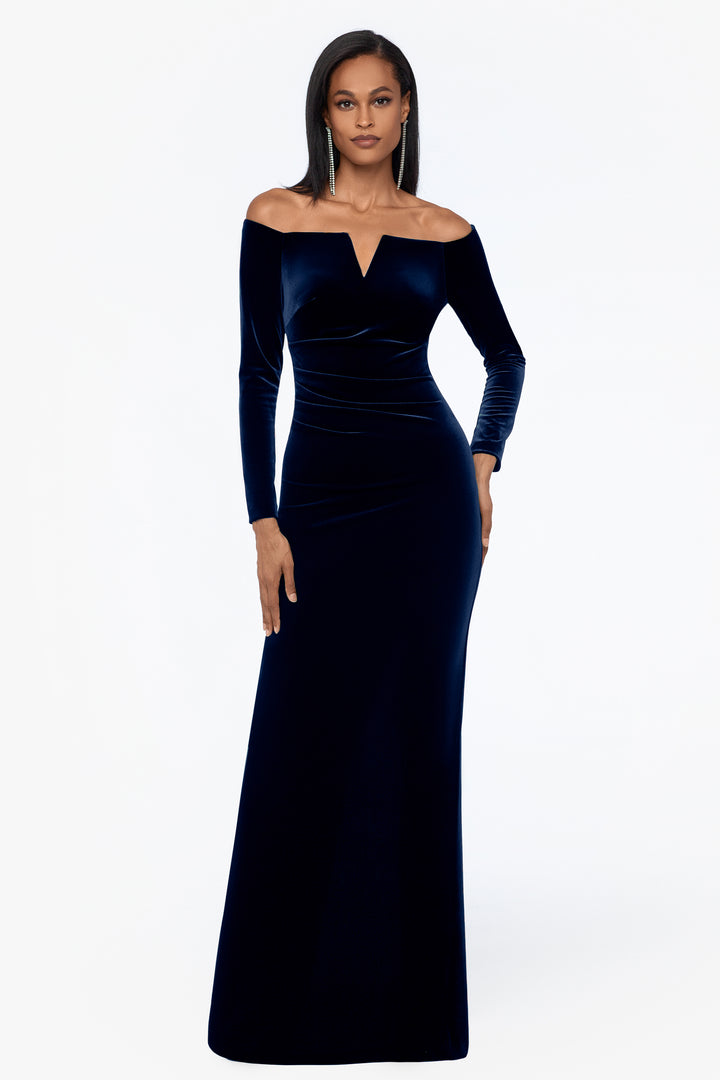 "Christy" Long Off the Shoulder Velvet Dress