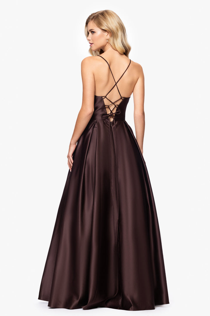 "Liza" Lamour Satin Draped Corset Tieback Gown