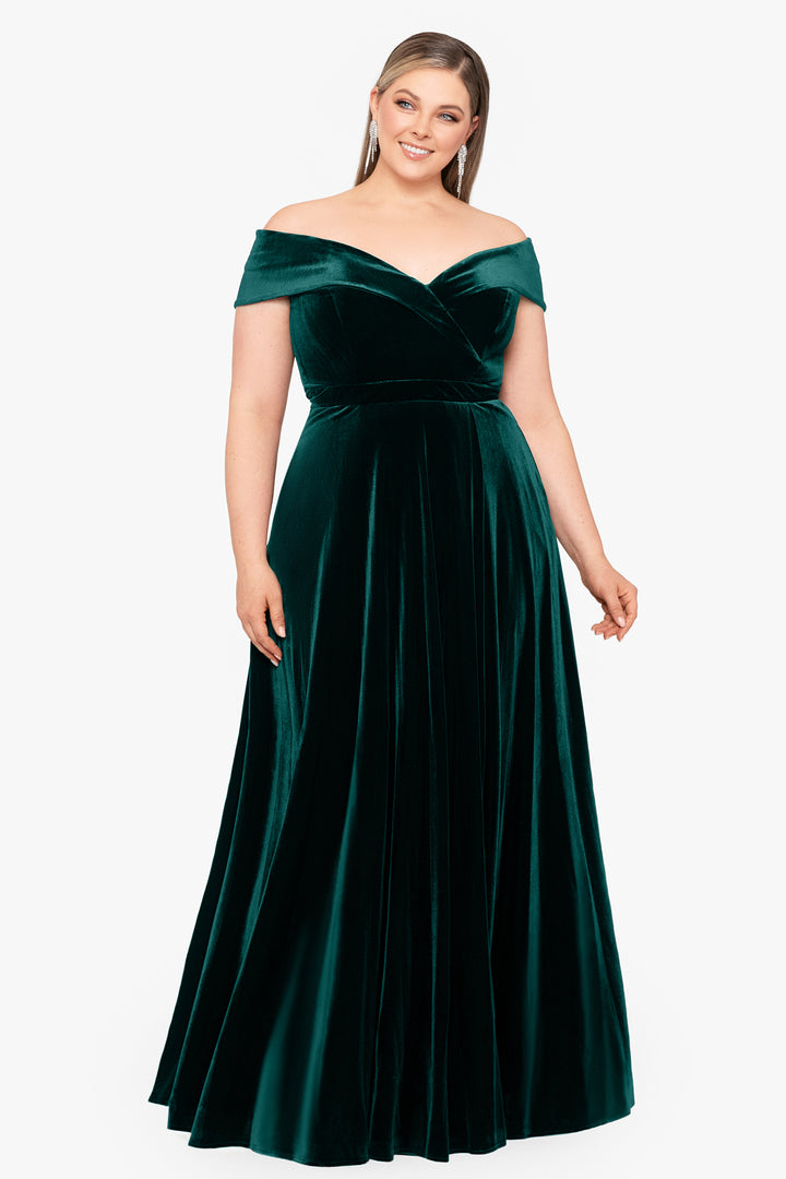 Plus "Stephanie" Off the Shoulder Velvet Full Skirt Dress