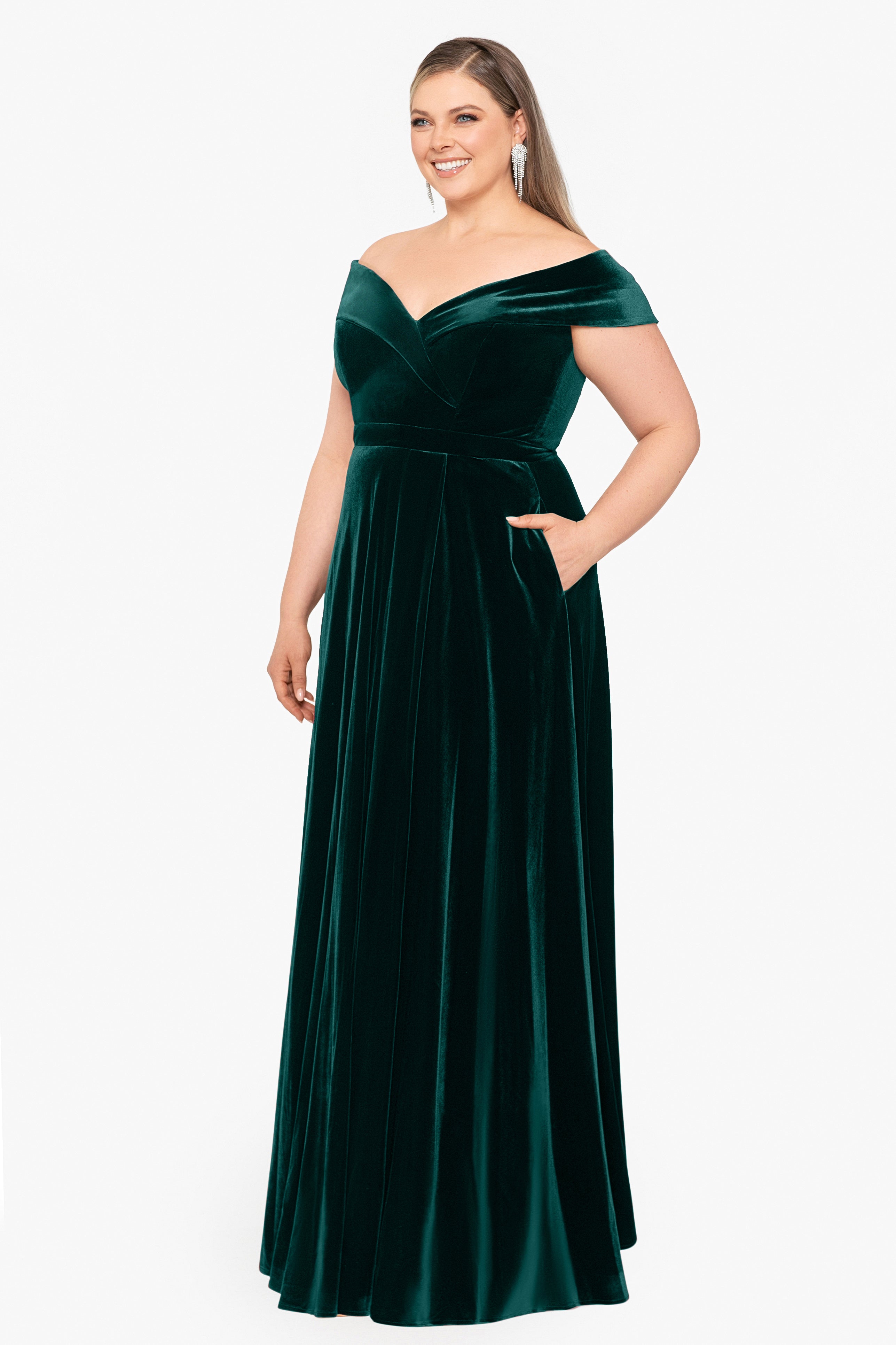 Plus "Stephanie" Off the Shoulder Velvet Full Skirt Dress