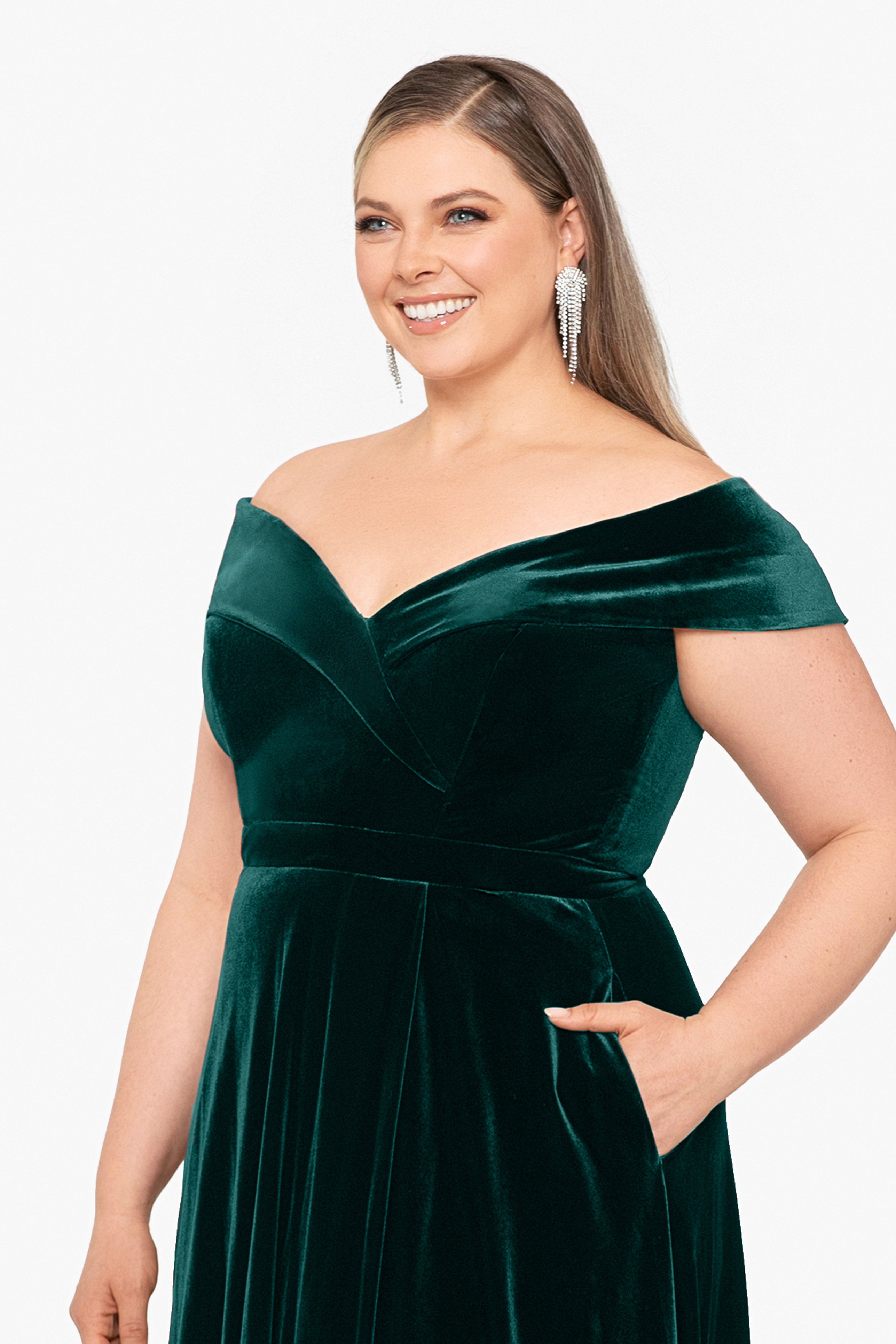 Plus "Stephanie" Off the Shoulder Velvet Full Skirt Dress