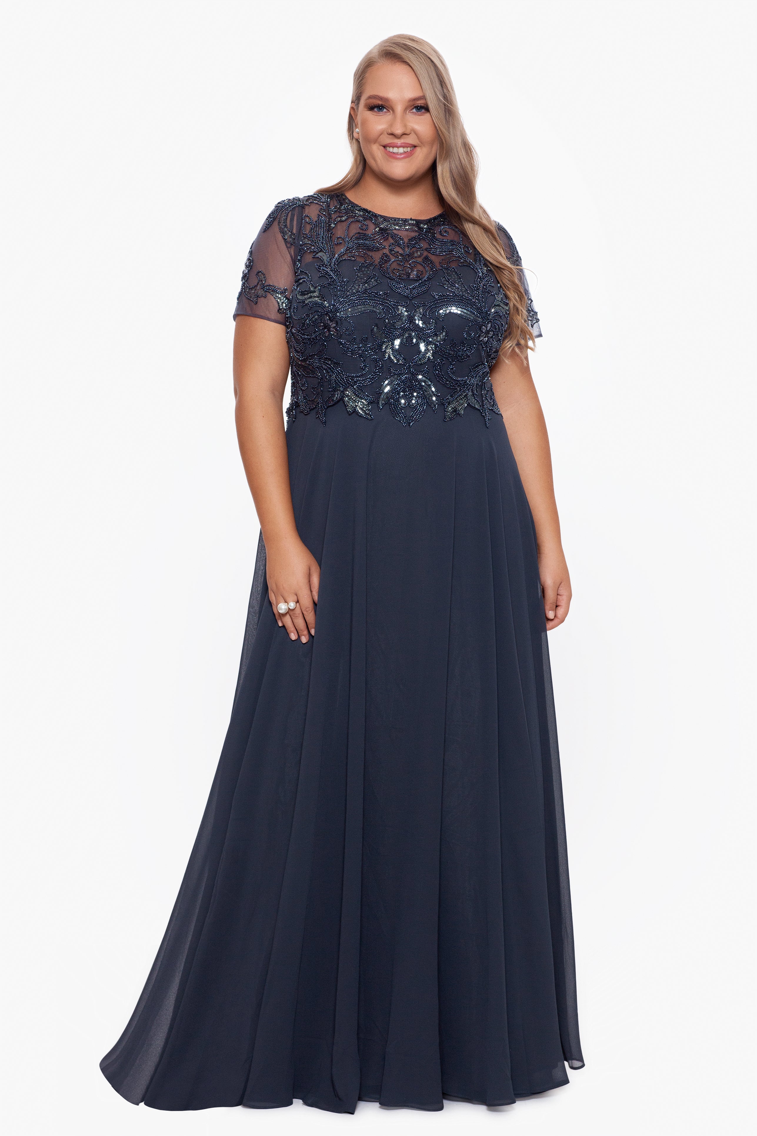 Xscape beaded bodice sales chiffon gown