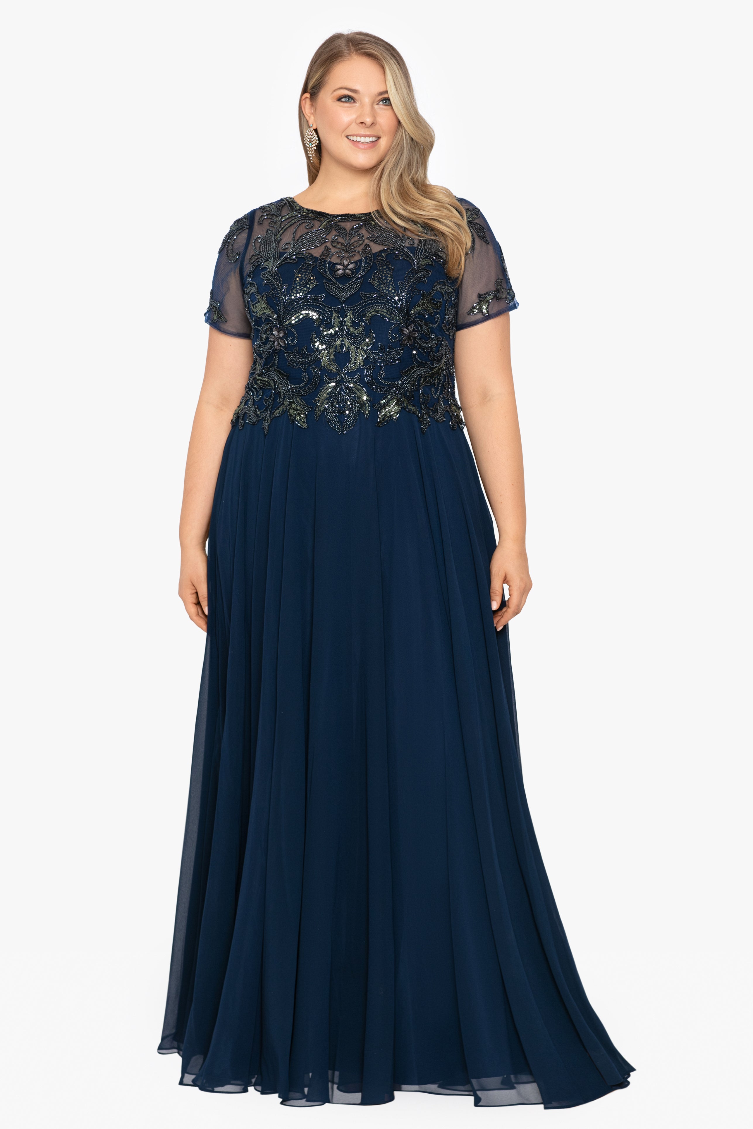 Xscape plus size store embroidered illusion gown