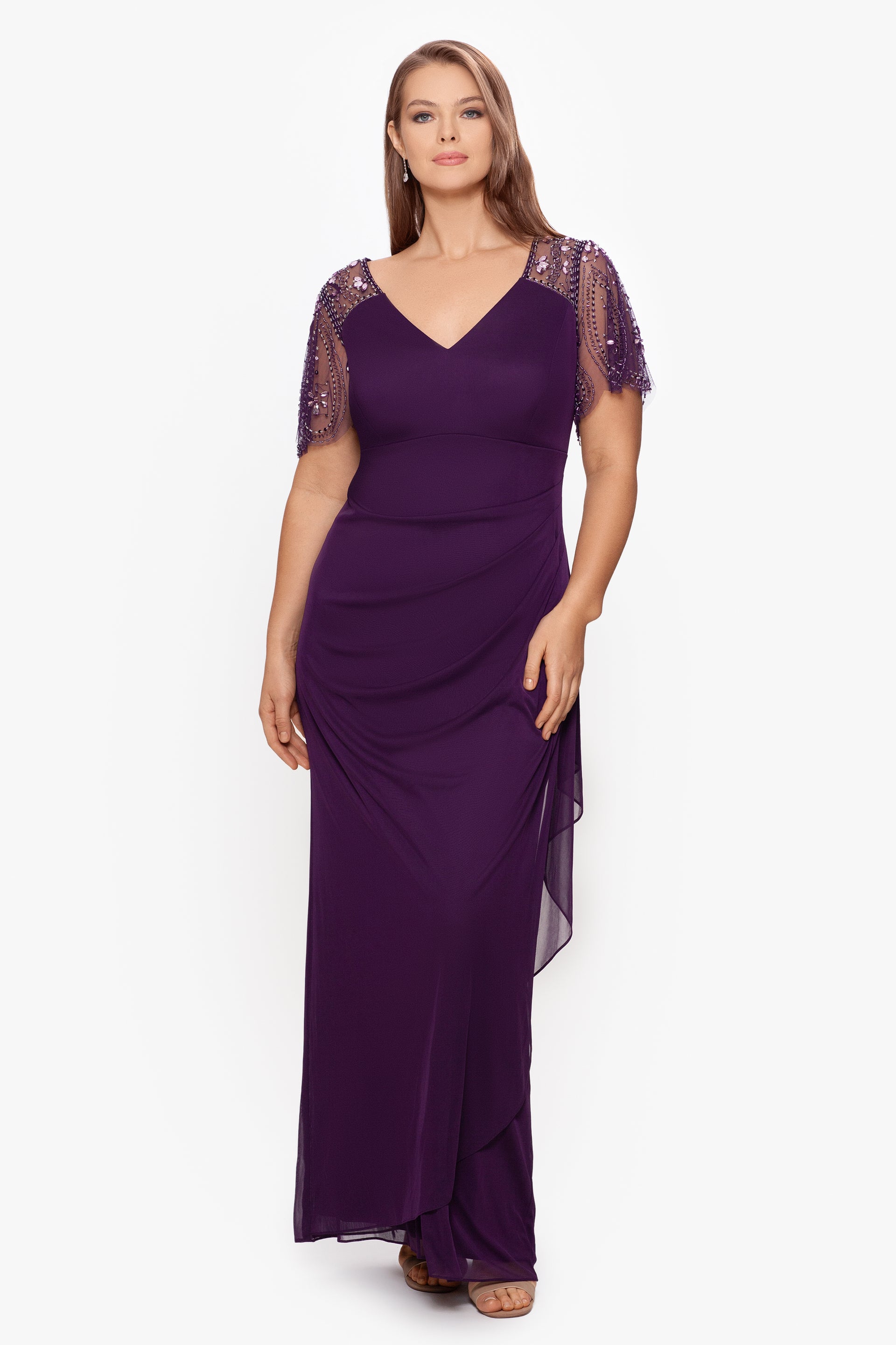 Plus "Lana" Long V Neck Beaded Flutter Sleeve Dress
