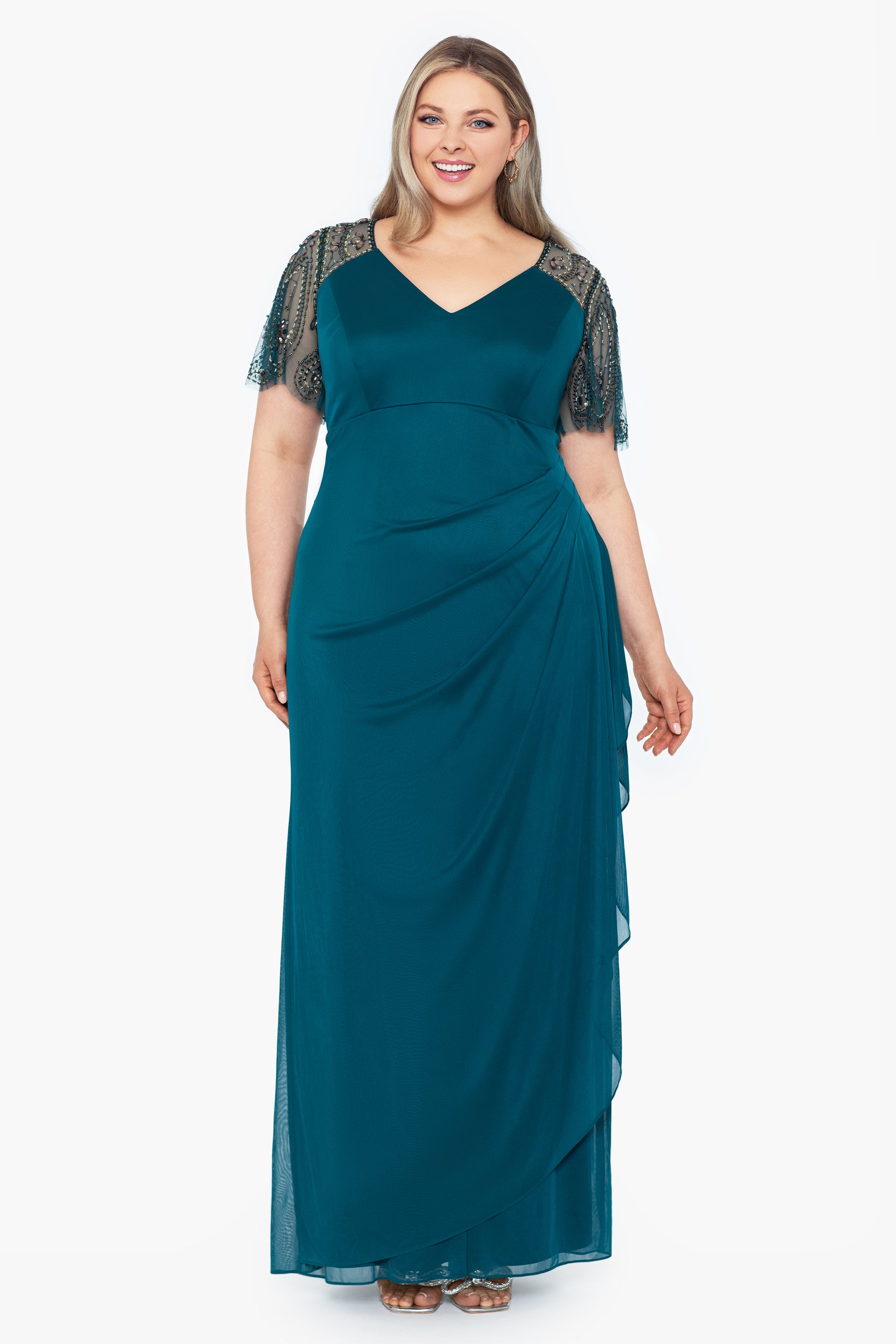 Plus "Lana" Sheer Matte Jersey Beaded Flutter Sleeve Dress