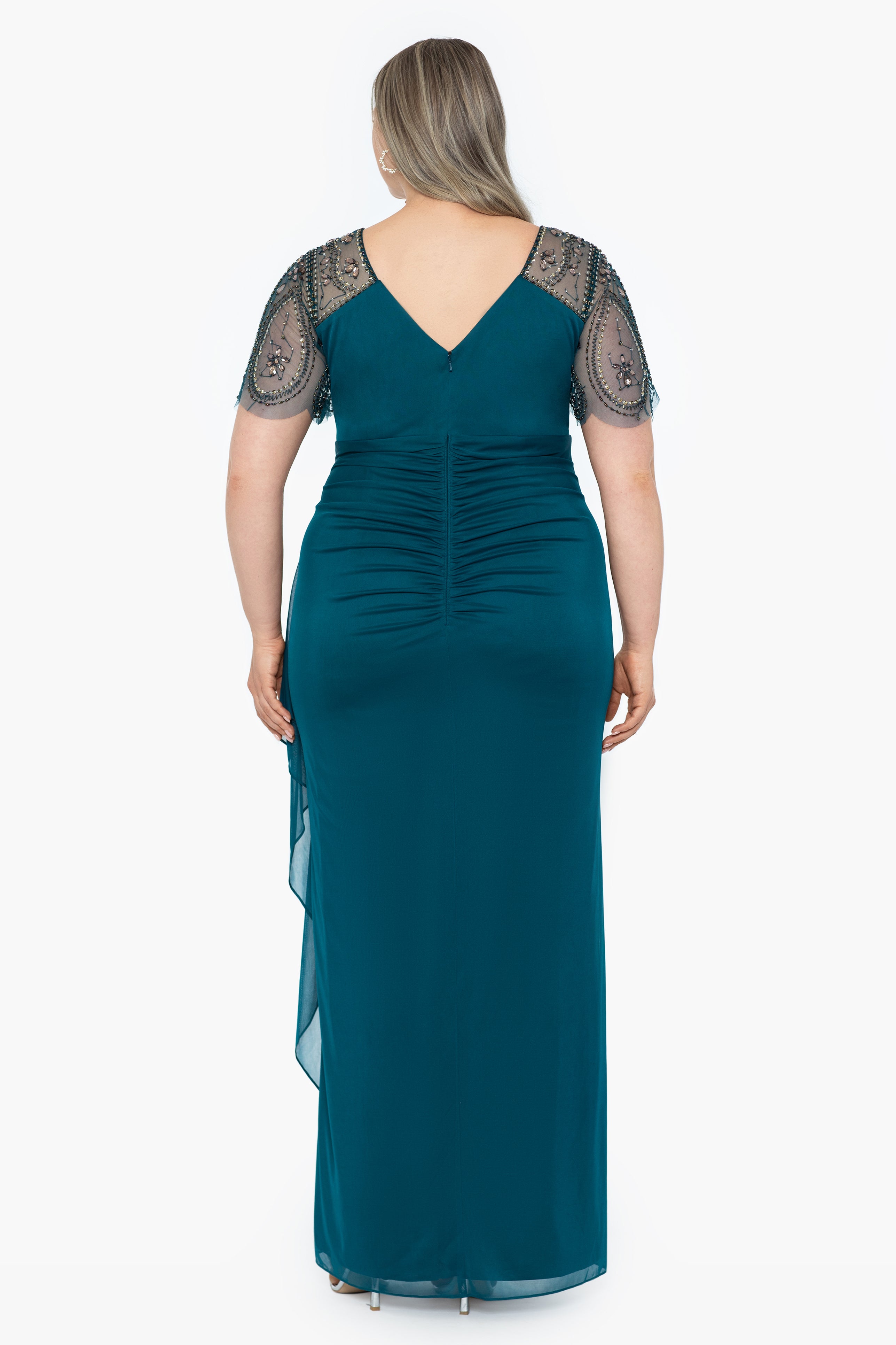 Plus "Lana" Long V-Neck Beaded Flutter Sleeve Dress