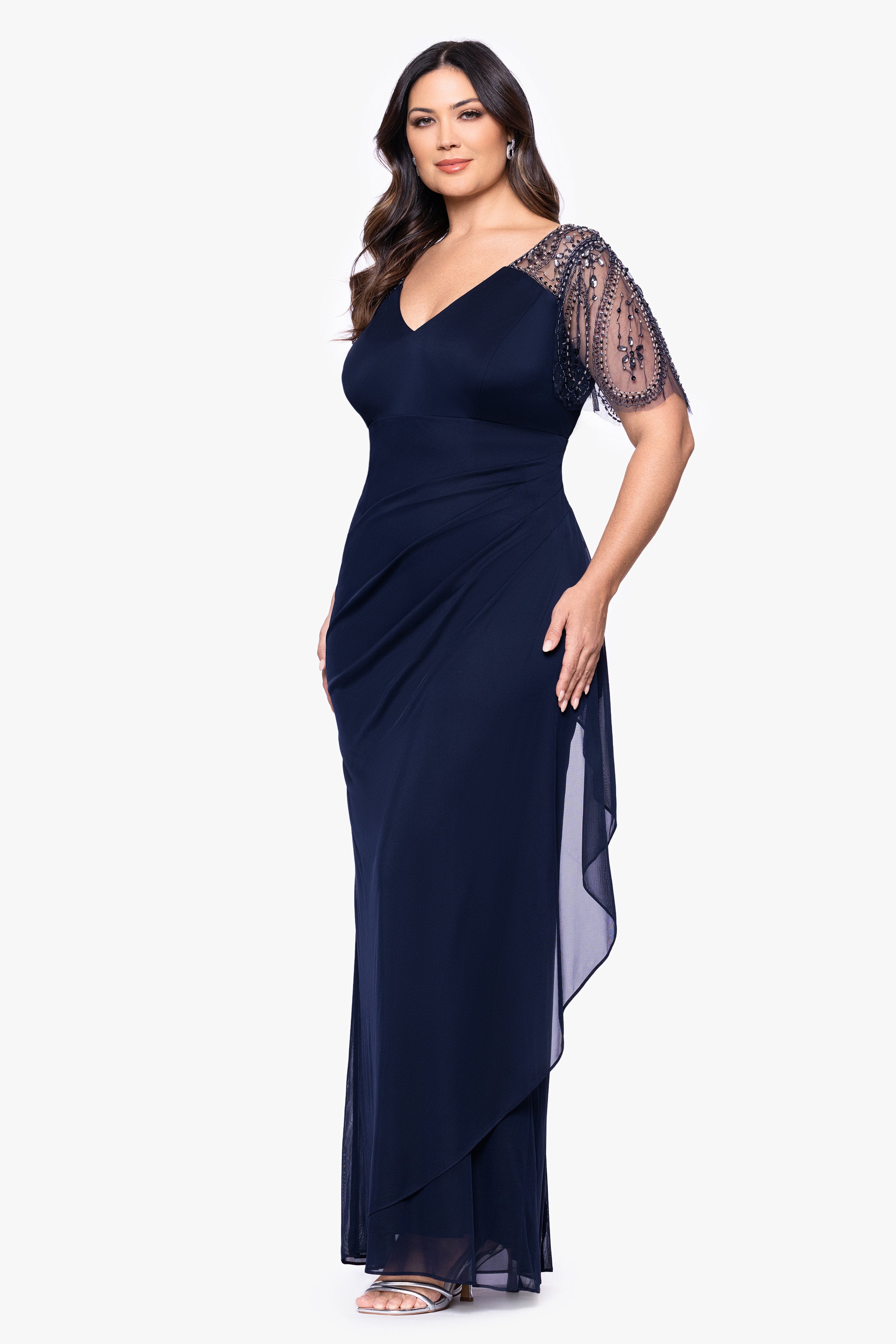 Plus "Lana" Long V-Neck Beaded Flutter Sleeve Dress