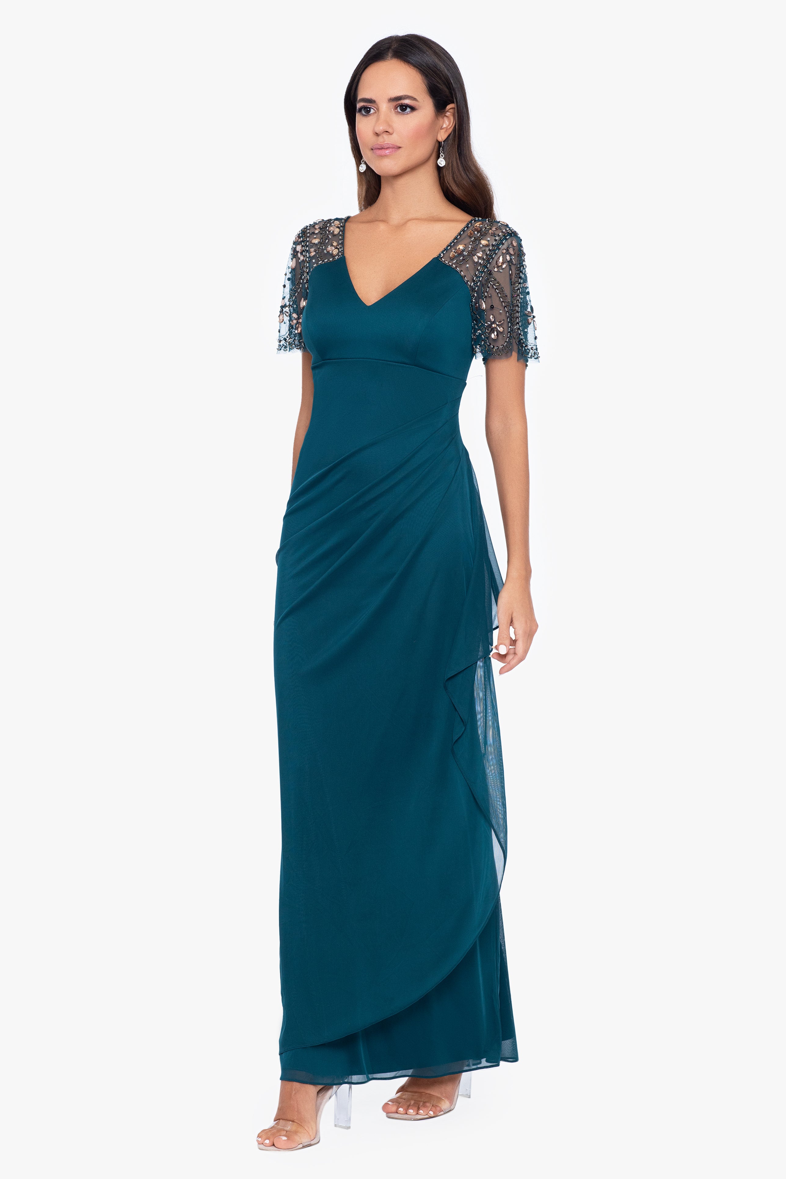 Lana" Long V-Neck Beaded Flutter Sleeve Dress Lana" Long V-Neck Beaded Flutter Sleeve Dress