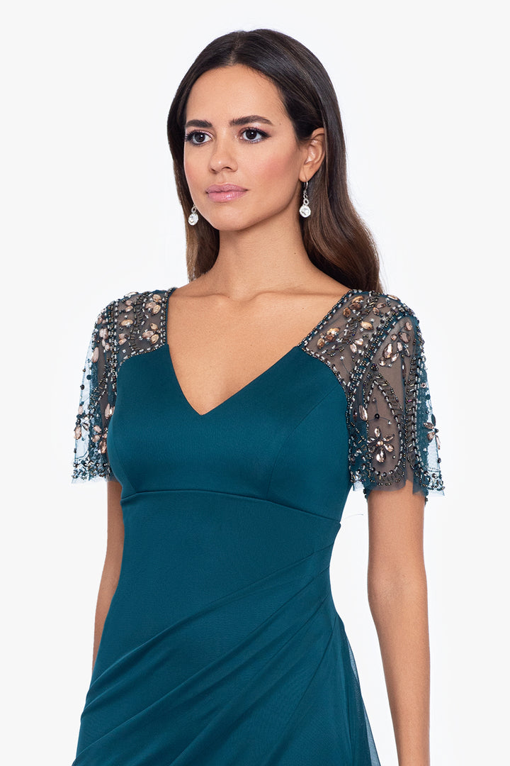 Petite "Lana" Long V-Neck Beaded Flutter Sleeve Dress