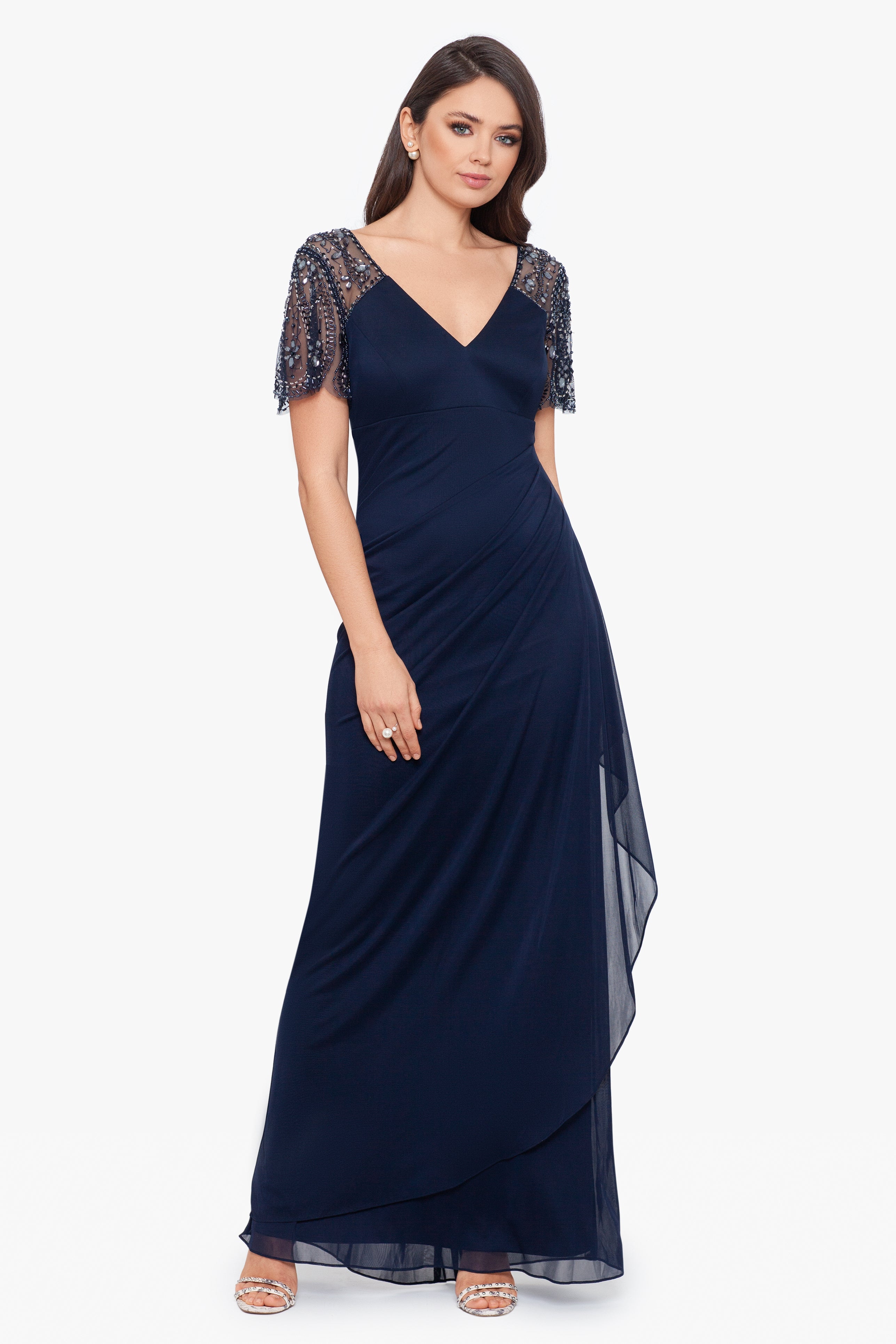 Petite "Lana" Long V-Neck Beaded Flutter Sleeve Dress