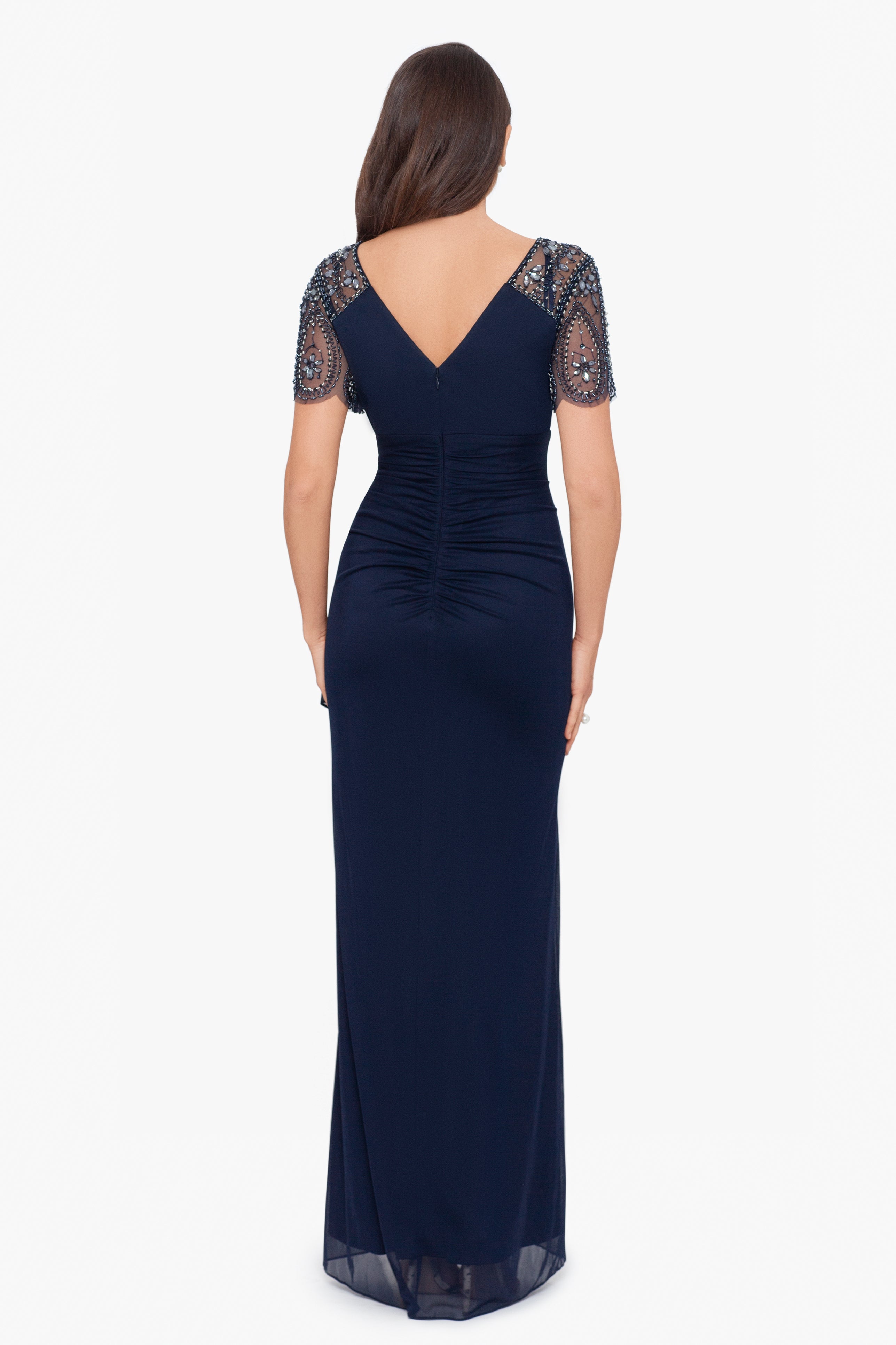 Petite "Lana" Long V-Neck Beaded Flutter Sleeve Dress