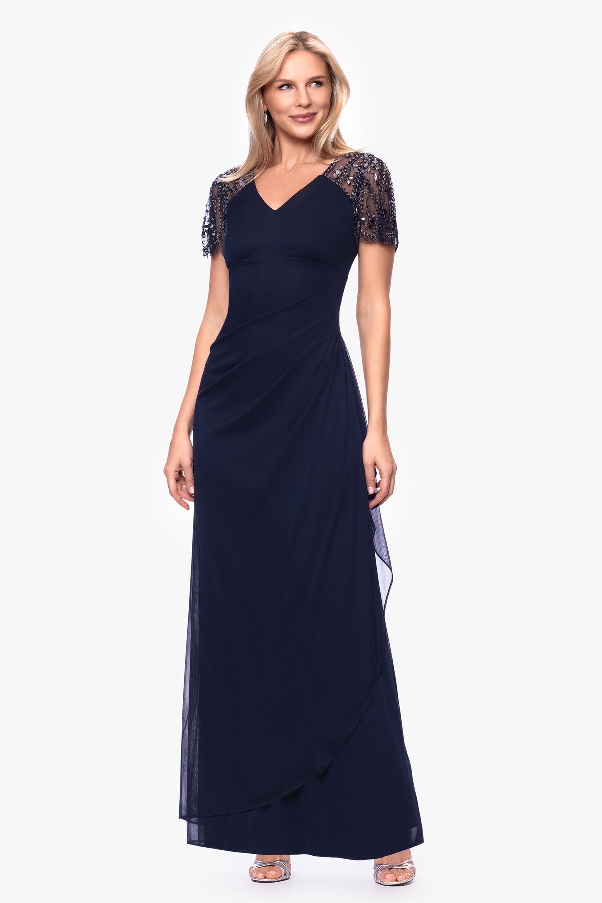 Petite "Lana" Long V-Neck Beaded Flutter Sleeve Dress