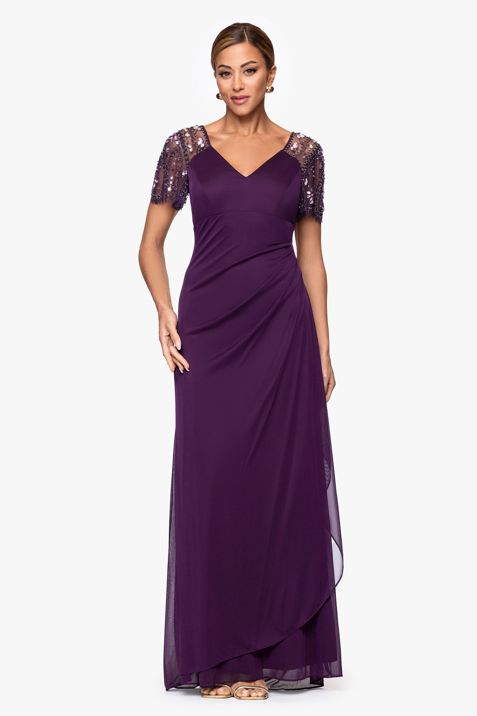"Lana" Sheer Matte Jersey Beaded Flutter Sleeve Dress