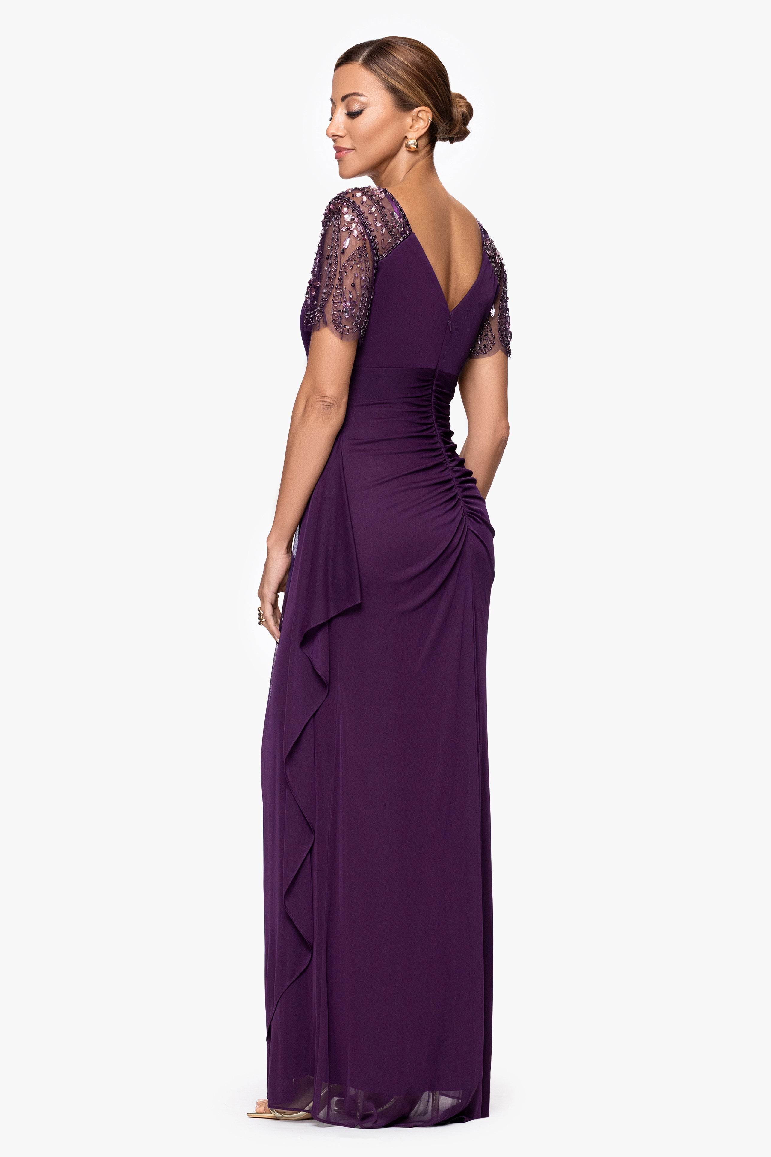 Xscape Women's V-Neck Beaded Flutter Sleeve Sheer Matte Jersey Long Dress Xscape Women's V-Neck Beaded Flutter Sleeve Sheer Matte Jersey Long Dress