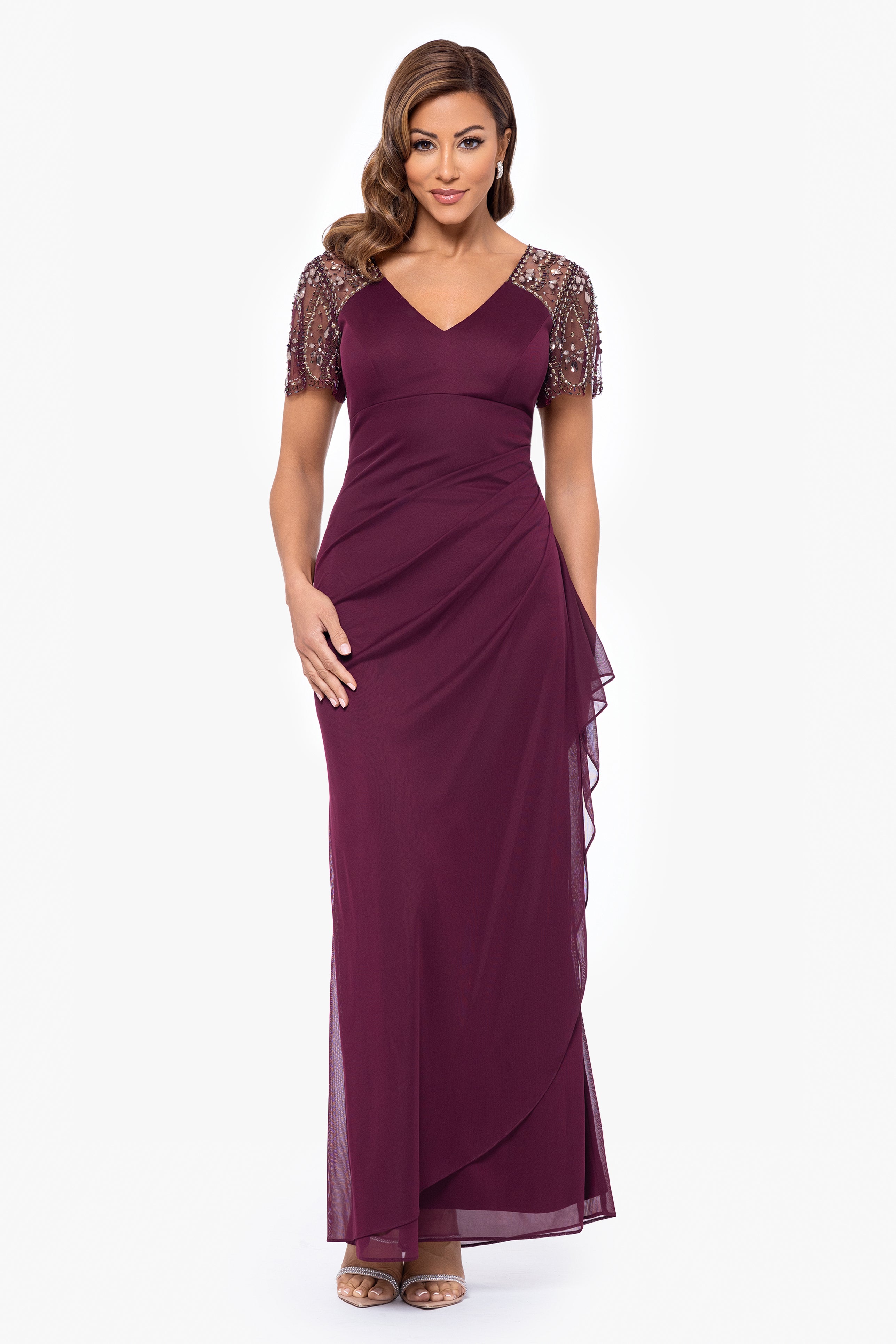 "Lana" Long V-Neck Beaded Flutter Sleeve Dress