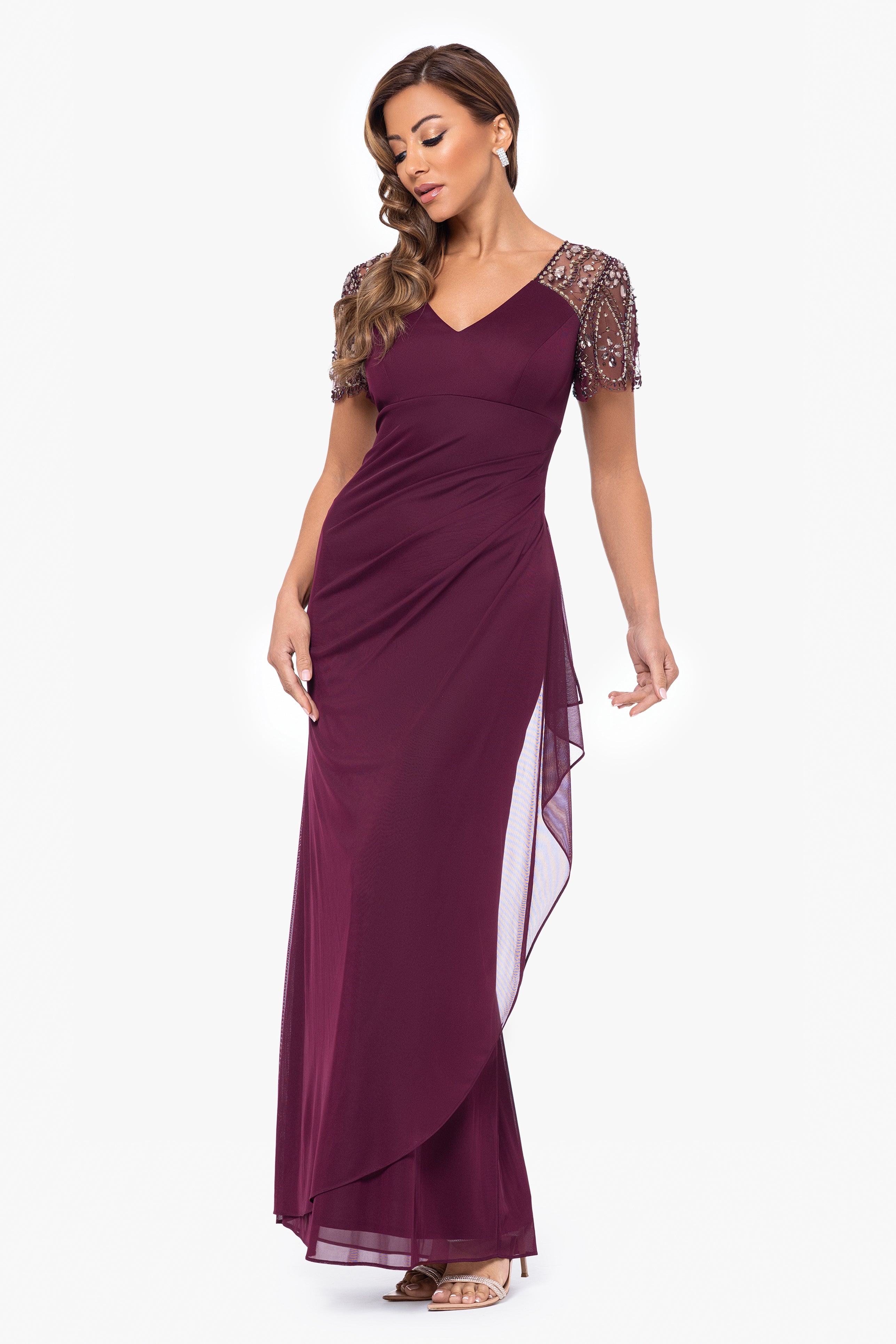Lana Long V-Neck Beaded Flutter Sleeve Dress