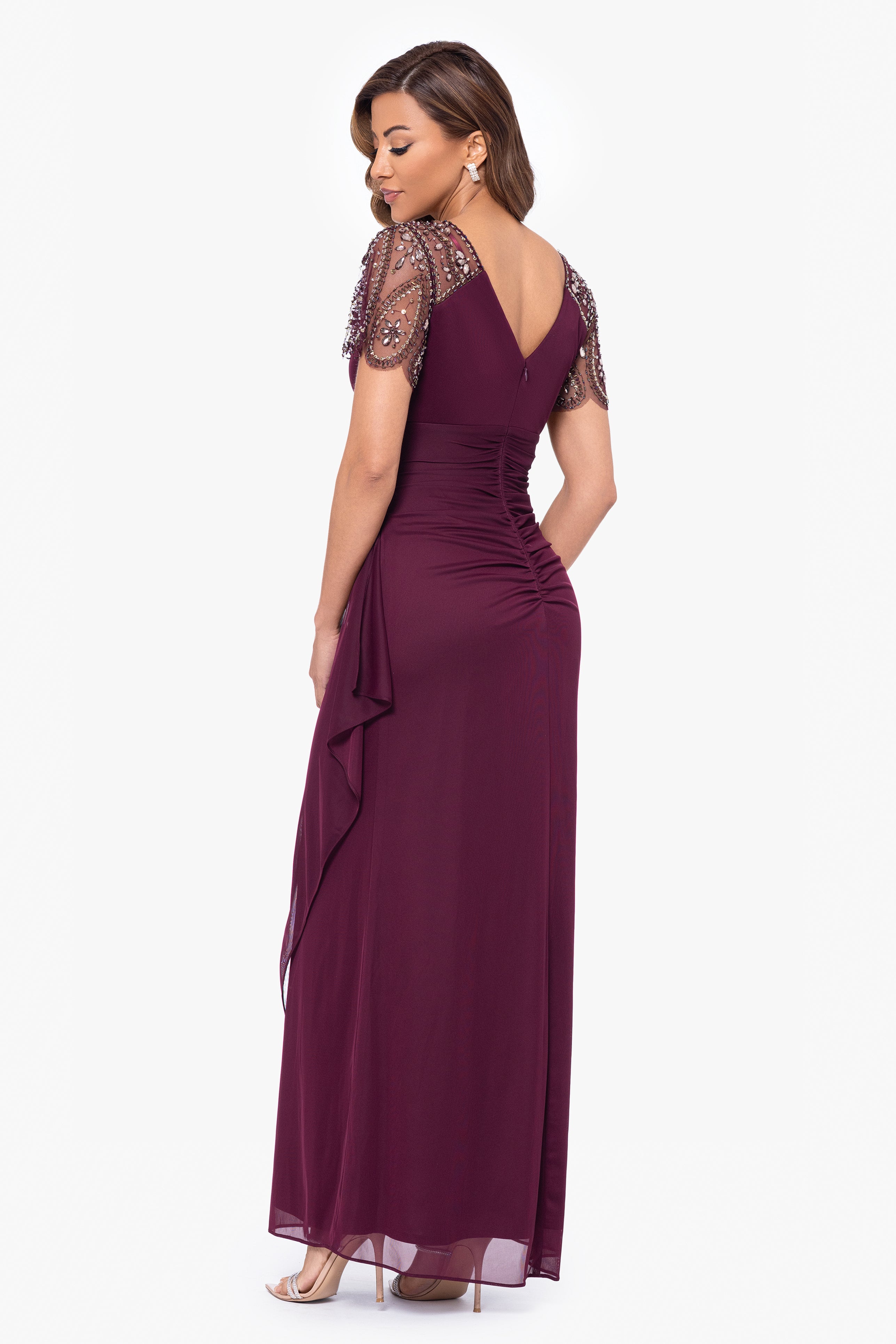 "Lana" Long V-Neck Beaded Flutter Sleeve Dress